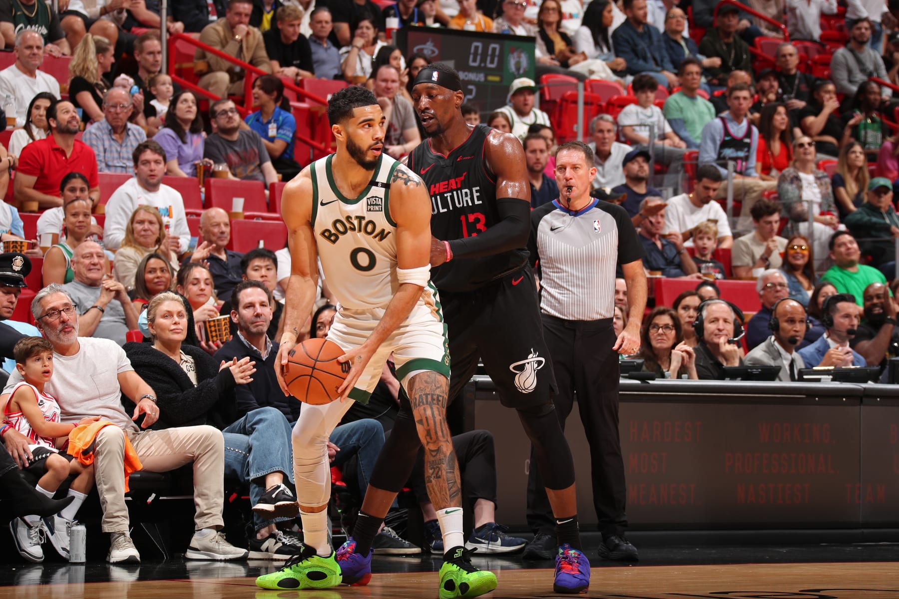 MIAMI, FL - FEBRUARY 11: Jayson Tatum #0 of the Boston Celtics handles the ball during the game against the Miami Heat on February 11, 2024 at Kaseya Center in Miami, Florida. NOTE TO USER: User expressly acknowledges and agrees that, by downloading and or using this Photograph, user is consenting to the terms and conditions of the Getty Images License Agreement. Mandatory Copyright Notice: Copyright 2024 NBAE (Photo by Issac Baldizon/NBAE via Getty Images)