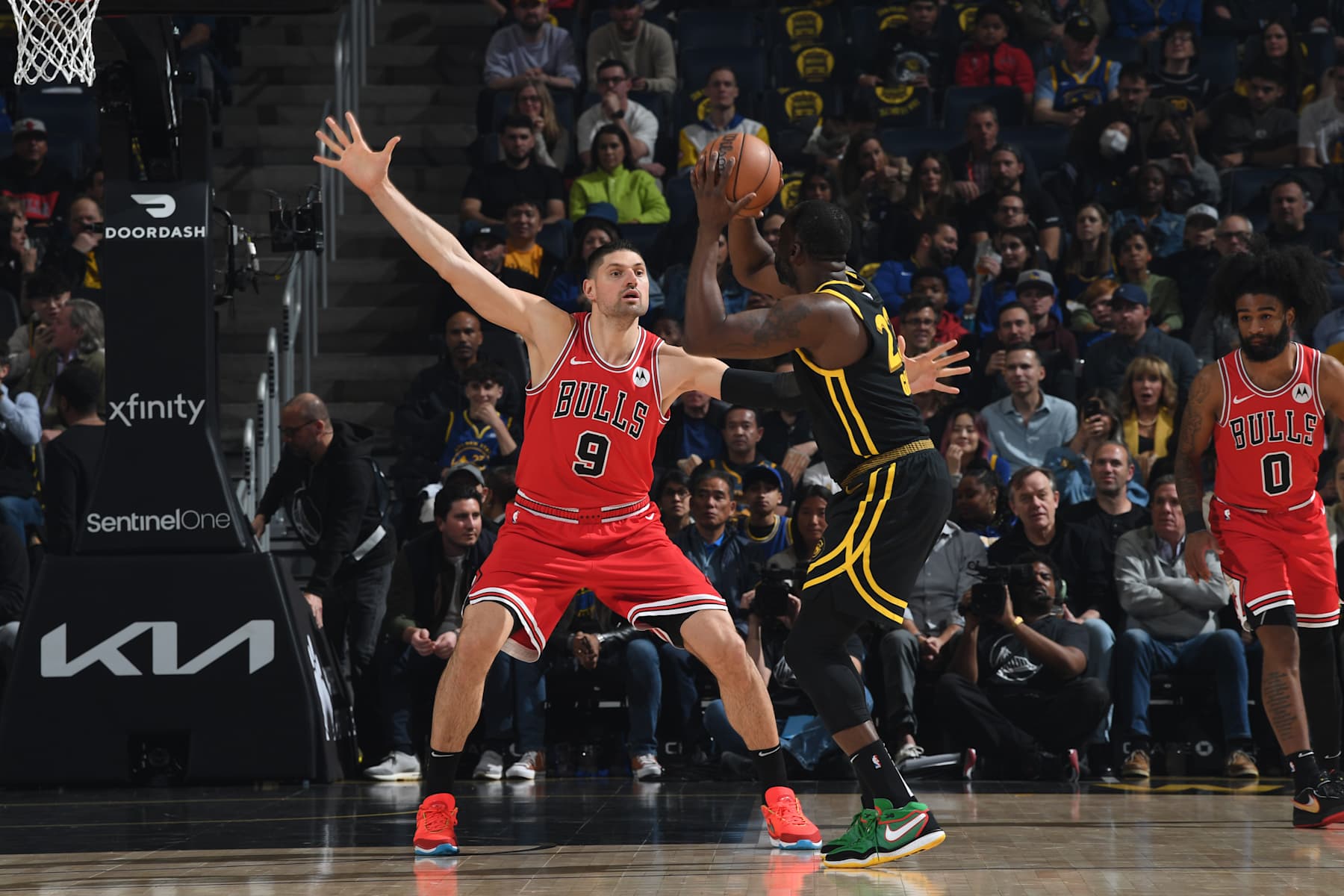 SAN FRANCISCO, CA - MARCH 7:  Nikola Vucevic #9 of the Chicago Bulls plays defense against the Golden State Warriors on March 7, 2024 at Chase Center in San Francisco, California. NOTE TO USER: User expressly acknowledges and agrees that, by downloading and or using this photograph, user is consenting to the terms and conditions of Getty Images License Agreement. Mandatory Copyright Notice: Copyright 2024 NBAE (Photo by Noah Graham/NBAE via Getty Images)