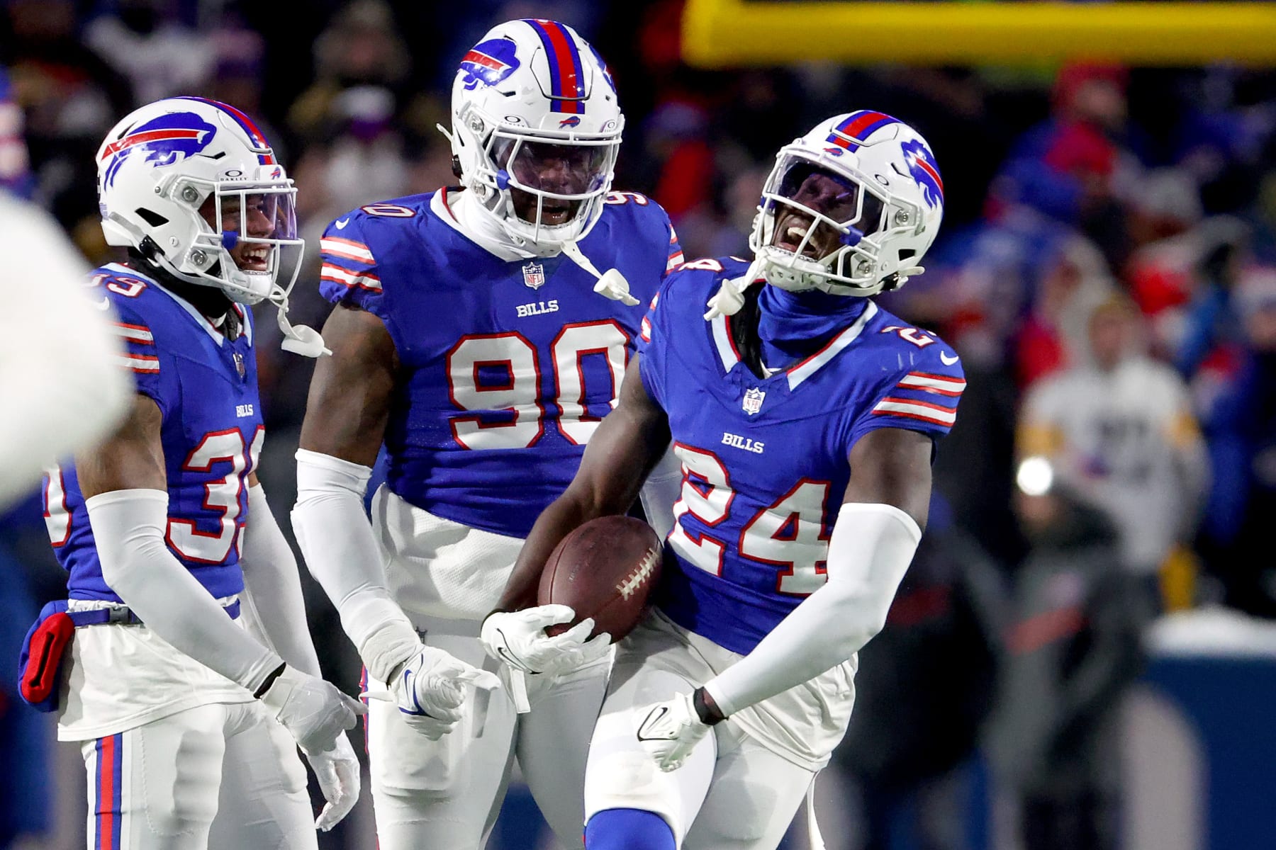 ORCHARD PARK, NEW YORK - JANUARY 15: Kaiir Elam #24 of the Buffalo Bills celebrates his interception against the Pittsburgh Steelers during the second quarter at Highmark Stadium on January 15, 2024 in Orchard Park, New York. (Photo by Timothy T Ludwig/Getty Images)