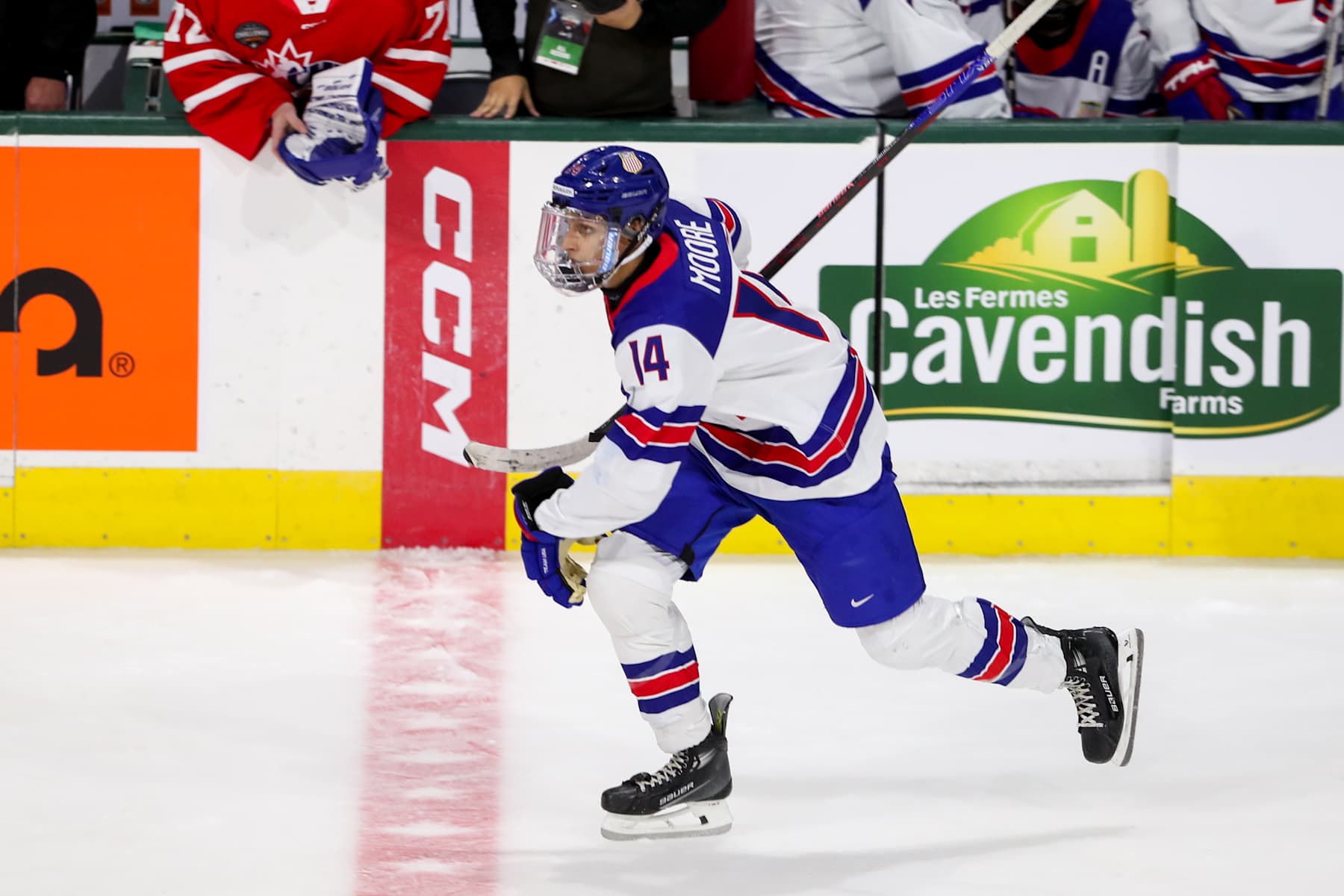 LONDON, ONTARIO - NOVEMBER 26: Forward William Moore #14 of Team USA skates during the CHL USA Prospects Challenge at Canada Life Place on November 26, 2024 in London, Ontario. (Photo by Dennis Pajot/Getty Images)