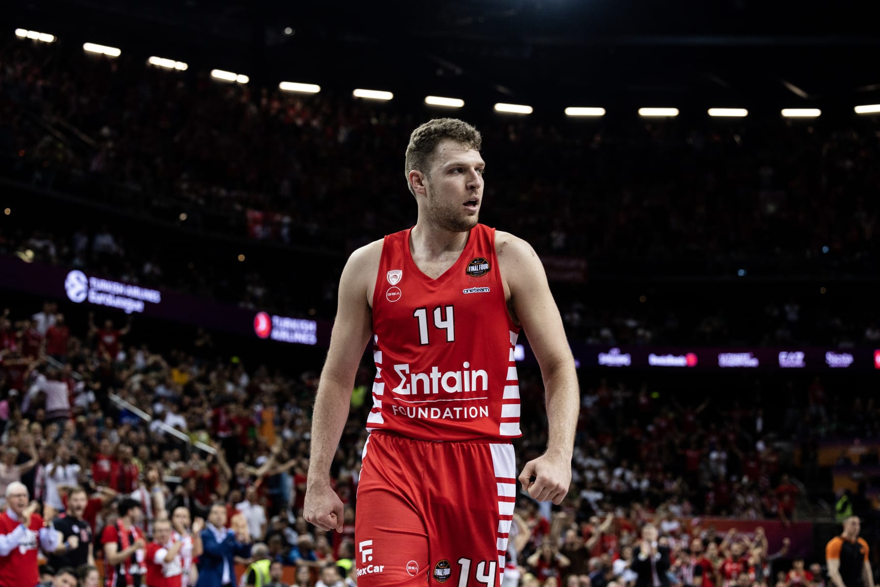 KAUNAS, LITHUANIA - MAY 21: Sasha Vezenkov, #14 of Olympiacos Piraeus reacts during Turkish Airlines EuroLeague Final Four Kaunas 2023 Championship game Olympiacos Piraeus v Real Madrid at Zalgirio Arena on May 21, 2023 in Kaunas, Lithuania. (Photo by Tolga Adanali/Euroleague Basketball via Getty Images)