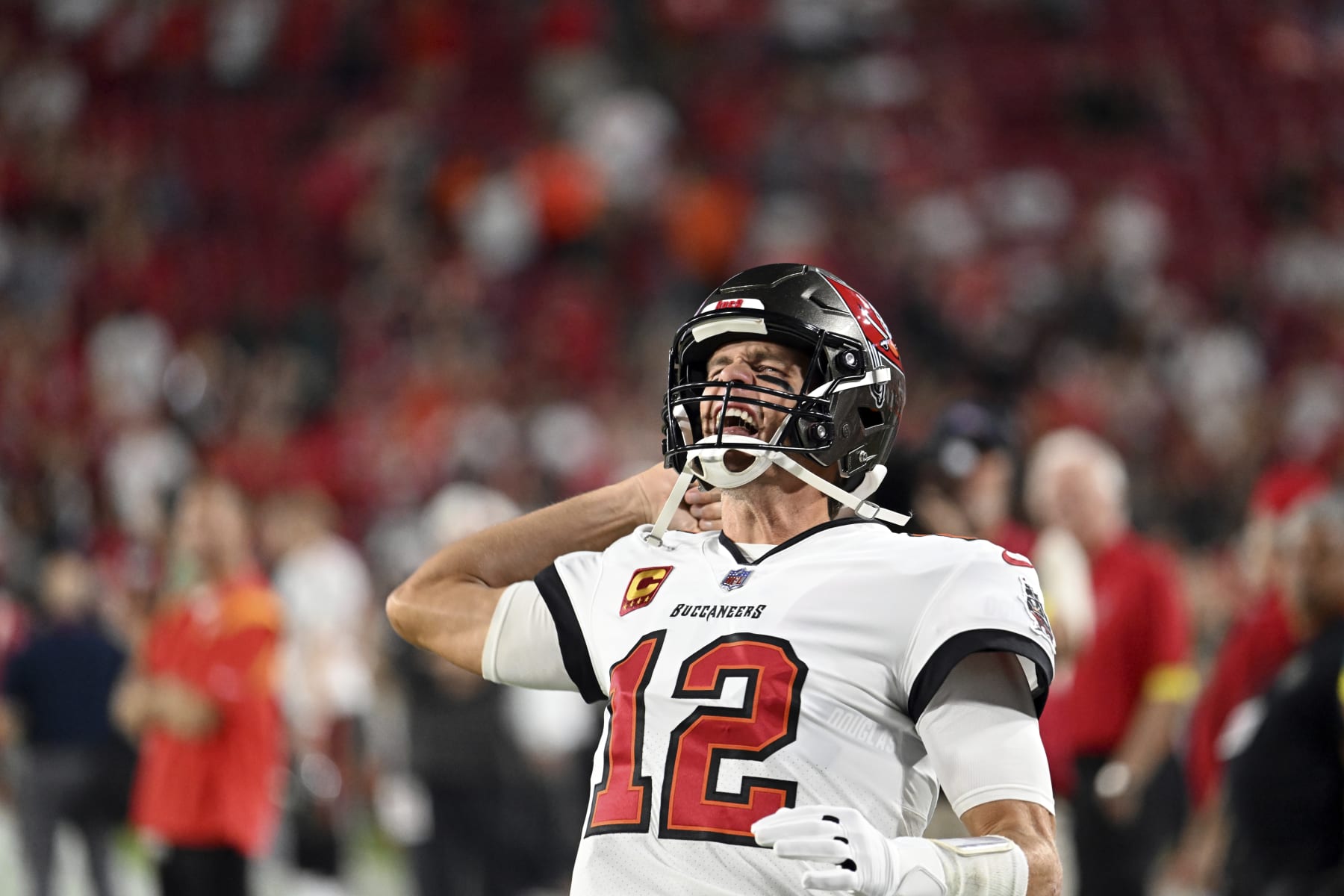 Tampa Bay Buccaneers quarterback Tom Brady yells as he takes the field before an NFL football game against the Kansas City Chiefs Sunday, Oct. 2, 2022, in Tampa, Fla. (AP Photo/Jason Behnken)