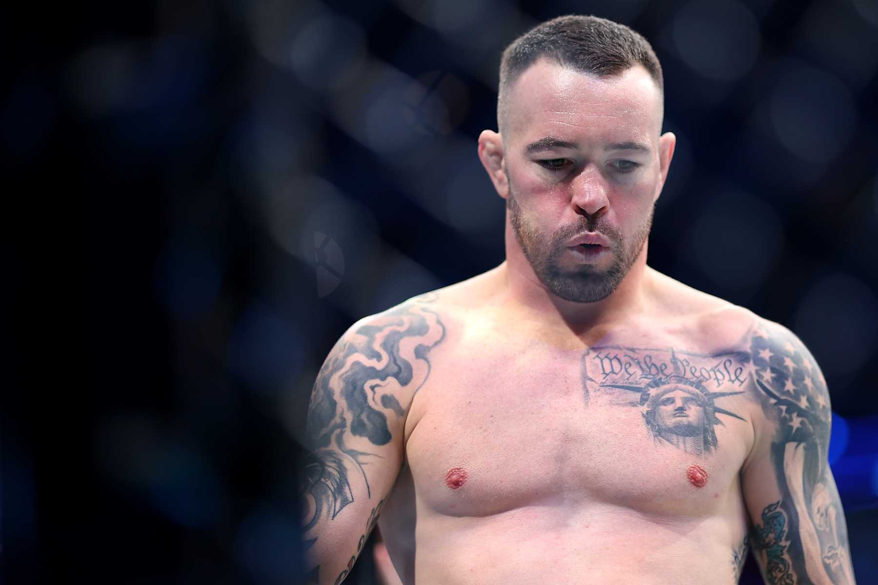 LAS VEGAS, NEVADA - DECEMBER 16: Colby Covington of the United States looks on prior to a welterweight title fight against Leon Edwards of England during the UFC 296: Edwards vs. Covington event at T-Mobile Arena on December 16, 2023 in Las Vegas, Nevada. (Photo by Sean M. Haffey/Getty Images)