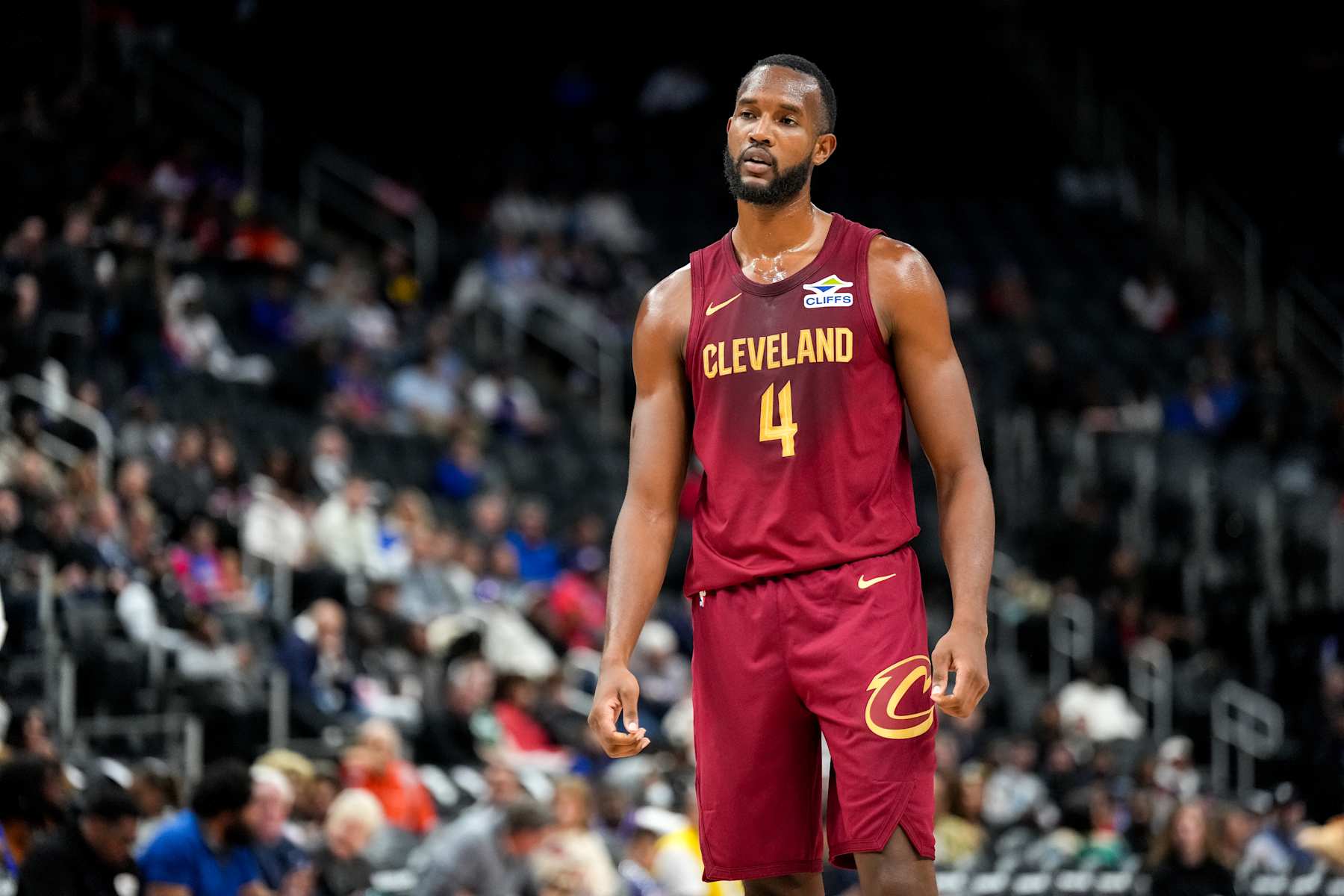 DETROIT, MICHIGAN - OCTOBER 16: Evan Mobley #4 of the Cleveland Cavaliers looks on against the Detroit Pistons during an NBA preseason game at Little Caesars Arena on October 16, 2024 in Detroit, Michigan. NOTE TO USER: User expressly acknowledges and agrees that, by downloading and or using this photograph, User is consenting to the terms and conditions of the Getty Images License Agreement. (Photo by Nic Antaya/Getty Images)