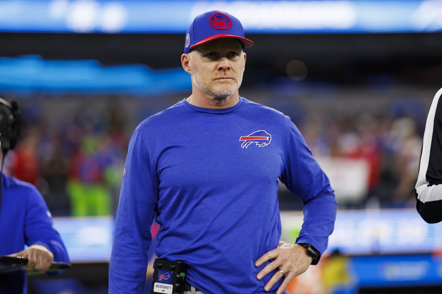INGLEWOOD, CA - DECEMBER 23: Sean McDermott of the Buffalo Bills looks on from the sideline before an NFL football game against the Los Angeles Chargers at SoFi Stadium on December 23, 2023 in Inglewood, California. (Photo by Ryan Kang/Getty Images)