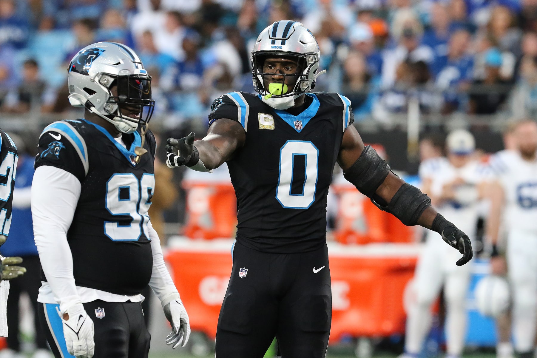 CHARLOTTE, NC - NOVEMBER 05: Carolina Panthers defensive end Brian Burns (0) during a NFL football game between the Indianapolis Colts and the Carolina Panthers on November 5, 2023 at Bank of America Stadium in Charlotte, N.C. (Photo by John Byrum/Icon Sportswire via Getty Images)