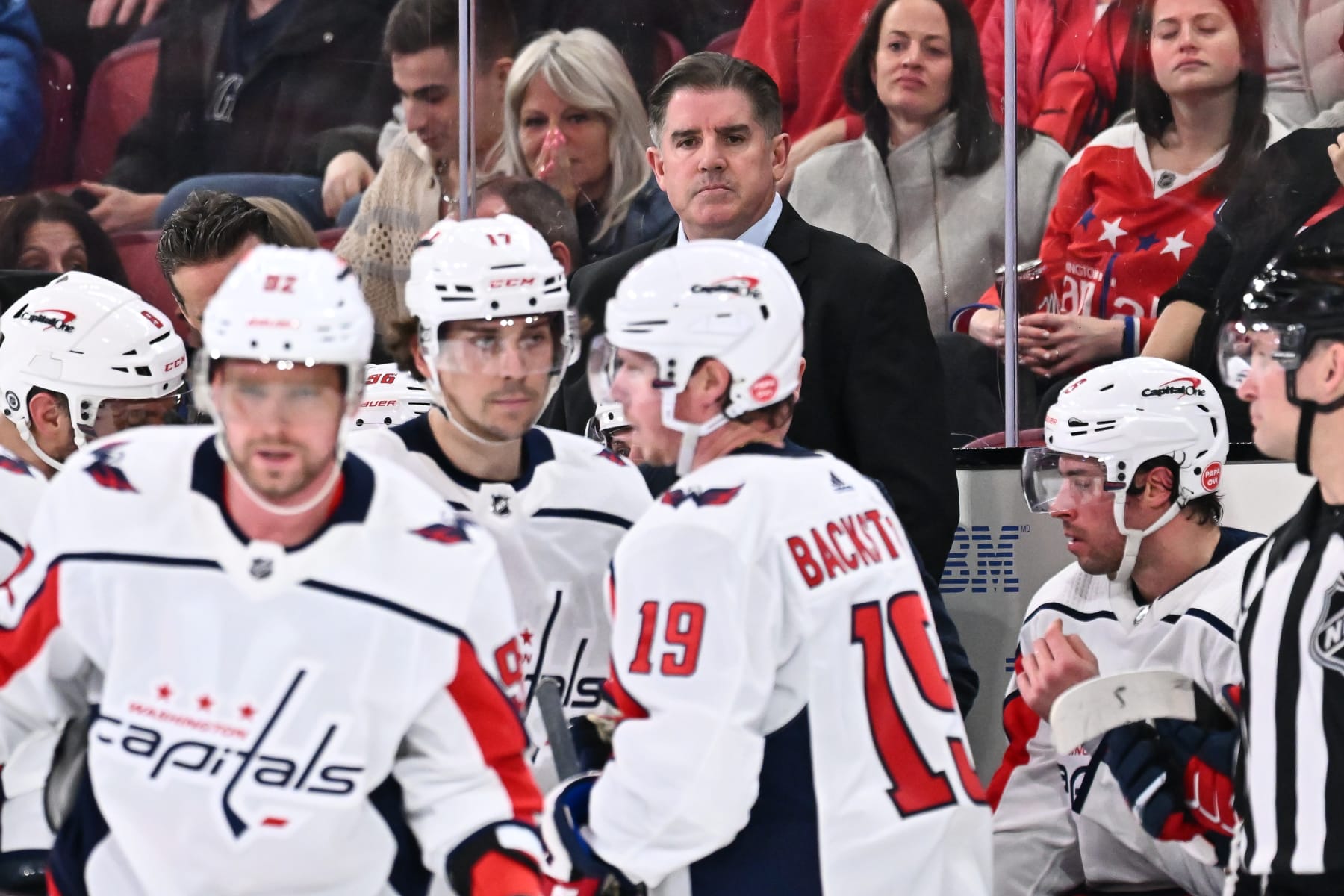 MONTREAL, CANADA - APRIL 06:  Head coach of the Washington Capitals Peter Laviolette handles bench duties during the third period against the Montreal Canadiens at Centre Bell on April 6, 2023 in Montreal, Quebec, Canada.  The Montreal Canadiens defeated the Washington Capitals 6-2.  (Photo by Minas Panagiotakis/Getty Images)
