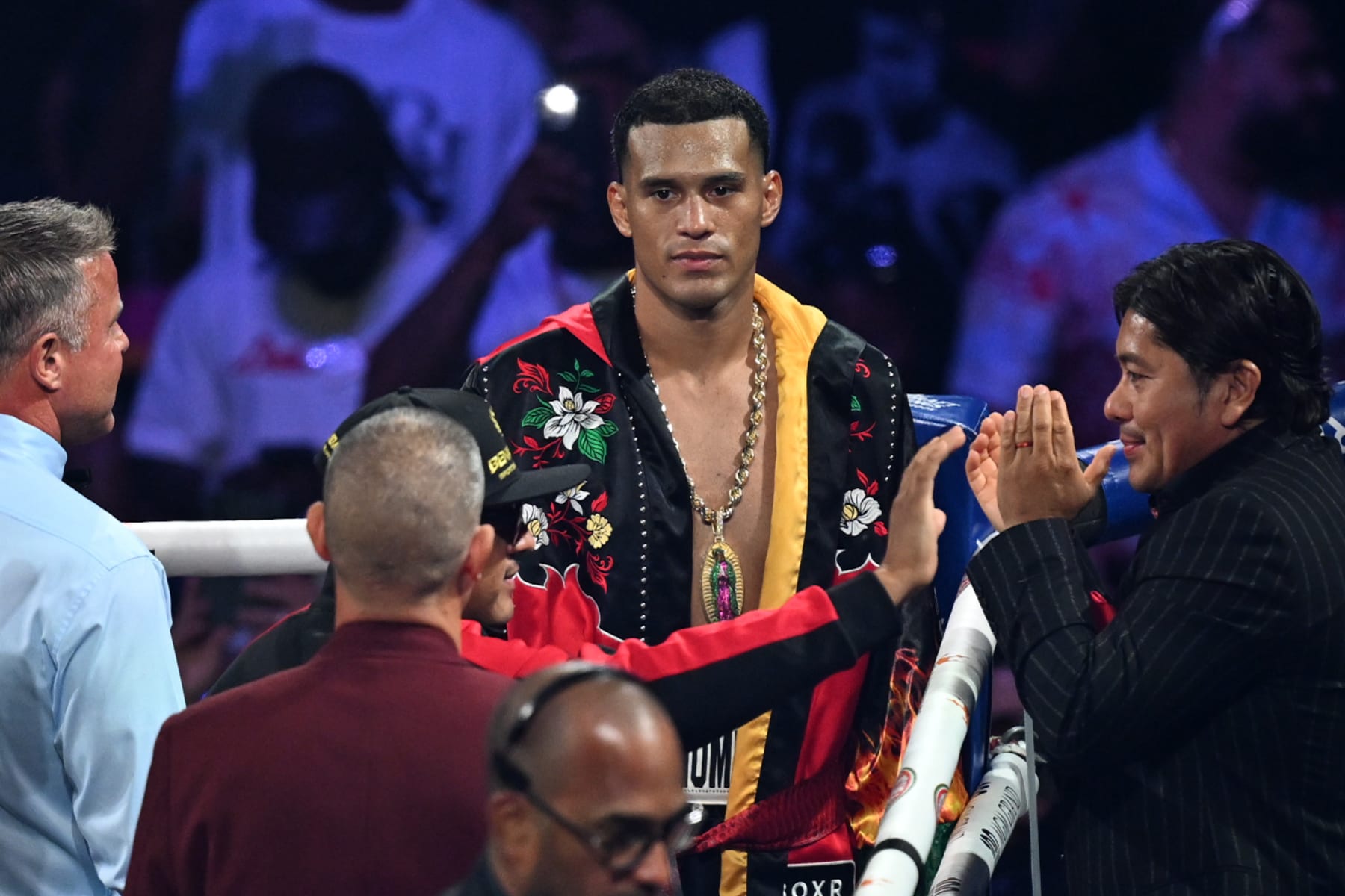 LAS VEGAS, NEVADA - JUNE 15: David Benavidez greets the crowd before his match with Oleksandr Gvozdyk from Kharkiv, Ukraine for their WBC interim world light heavyweight title of the Premiere Boxing Championship on Saturday night at the MGM Grand Garden Arena in Las Vegas, Nevada, United States on June 15, 2024. (Photo by Tayfun Coskun/Anadolu via Getty Images)