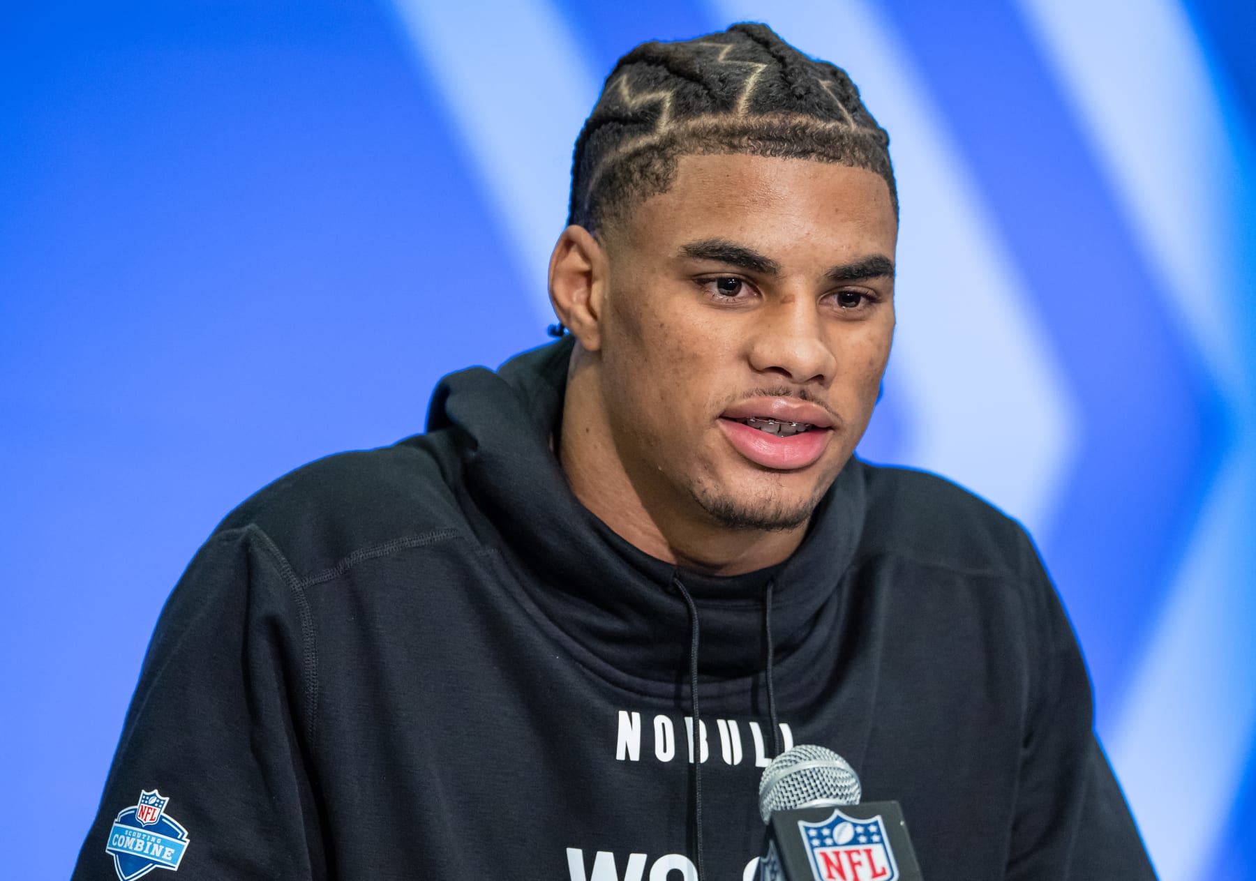INDIANAPOLIS, INDIANA - MARCH 01: Keon Coleman #WO04 of the Florida State Seminoles speaks to the media during the 2024 NFL Draft Combine at Lucas Oil Stadium on March 01, 2024 in Indianapolis, Indiana. (Photo by Michael Hickey/Getty Images)