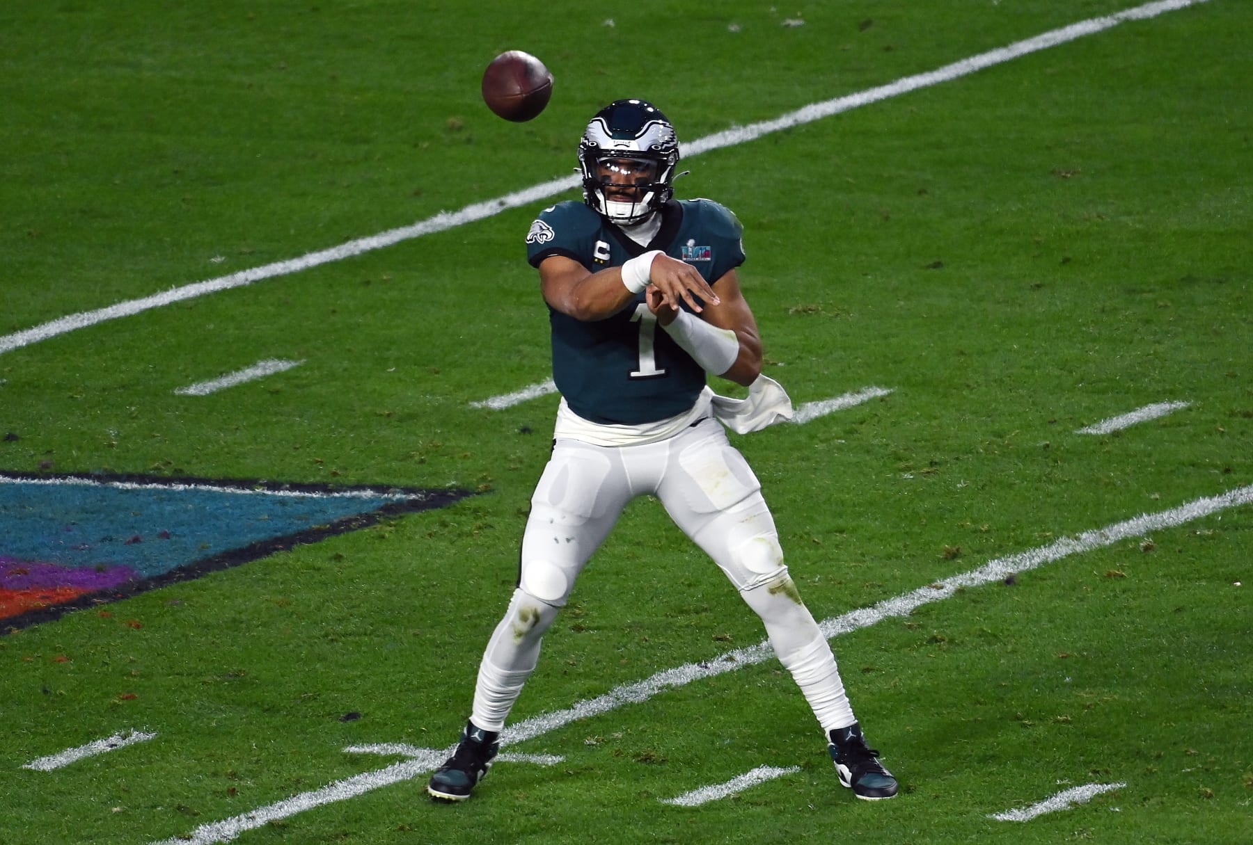 GLENDALE, ARIZONA - FEBRUARY 12: Jalen Hurts #1 of the Philadelphia Eagles throws a pass against the Kansas City Chiefs during the first half in Super Bowl LVII at State Farm Stadium on February 12, 2023 in Glendale, Arizona. (Photo by Focus on Sport/Getty Images)