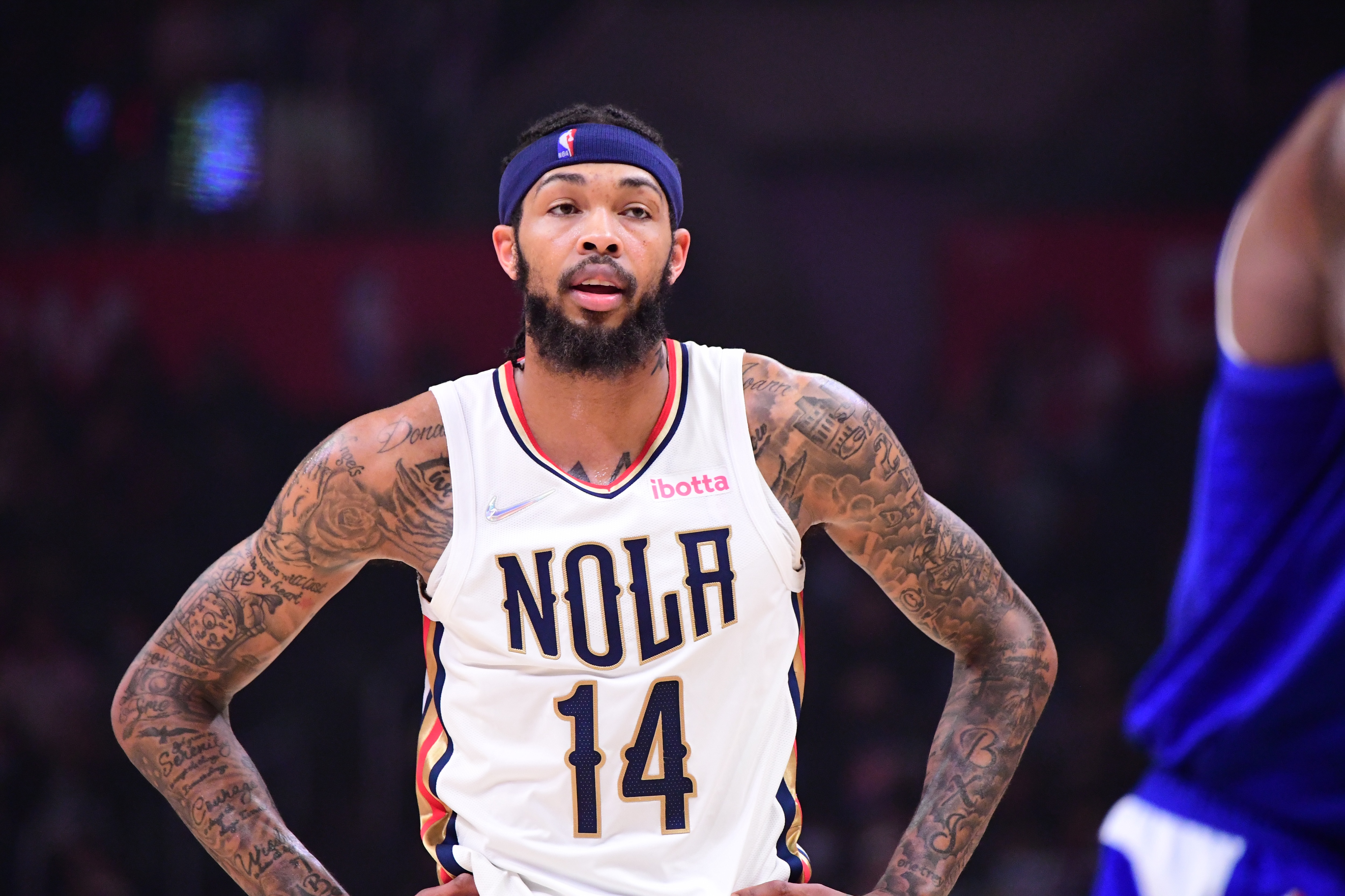 LOS ANGELES, CA - NOVEMBER 29: Brandon Ingram #14 of the New Orleans Pelicans looks on during the game against the LA Clippers on November 29, 2021 at STAPLES Center in Los Angeles, California. NOTE TO USER: User expressly acknowledges and agrees that, by downloading and/or using this Photograph, user is consenting to the terms and conditions of the Getty Images License Agreement. Mandatory Copyright Notice: Copyright 2021 NBAE (Photo by Adam Pantozzi/NBAE via Getty Images)