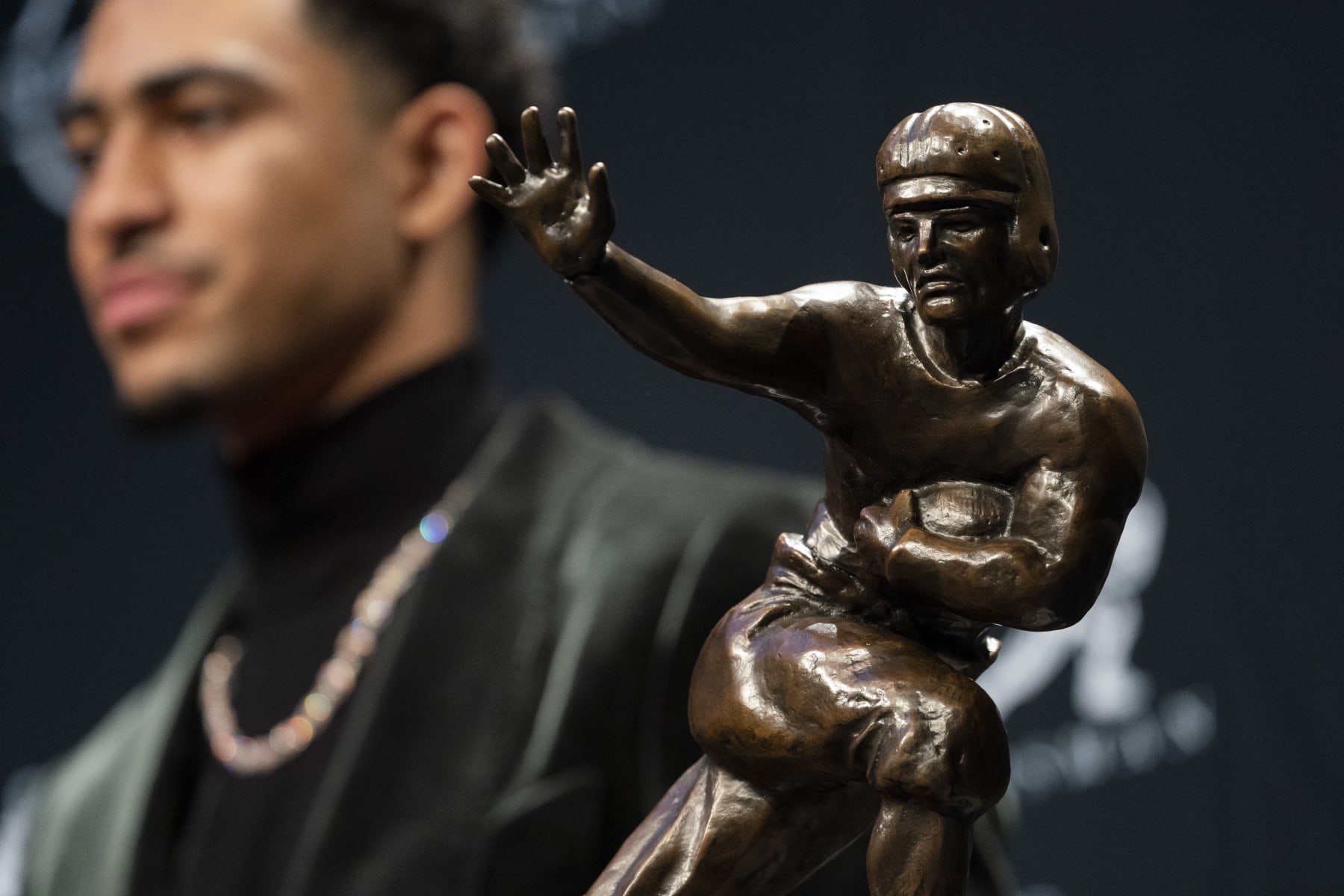 Alabama quarterback Bryce Young speaks during a news conference after winning the Heisman Trophy, Saturday, Dec. 11, 2021, in New York. (AP Photo/John Minchillo)