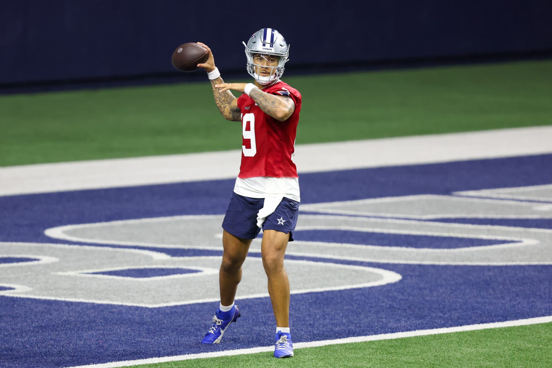 FRISCO, TX - MAY 22: Dallas Cowboys quarterback Trey Lance (19) passes during the Dallas Cowboys OTAs on May 22, 2024 at The Star in Frisco, TX. (Photo by George Walker/Icon Sportswire via Getty Images)
