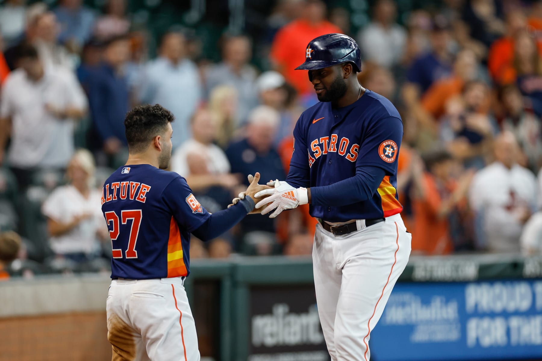 HOUSTON, TEXAS - SEPTEMBER 11: Yordan Alvarez #44 of the Houston Astros is congratulated by Jose Altuve #27 after a home run in the eighth inning against the Los Angeles Angels at Minute Maid Park on September 11, 2022 in Houston, Texas. (Photo by Tim Warner/Getty Images) HOUSTON, TEXAS - SEPTEMBER 11: Yordan Alvarez #44 of the Houston Astros is congratulated by Jose Altuve #27 after a home run in the eighth inning against the Los Angeles Angels at Minute Maid Park on September 11, 2022 in Houston, Texas. (Photo by Tim Warner/Getty Images)