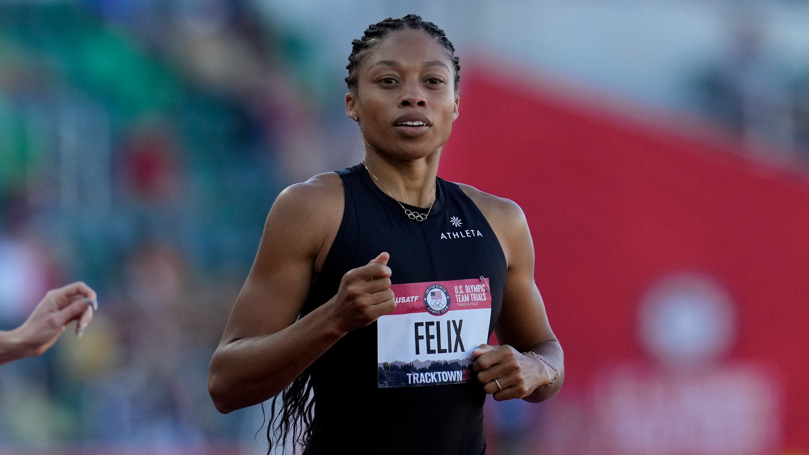 Allyson Felix competes in the first semi final of the women's 400-meter run at the U.S. Olympic Track and Field Trials Saturday, June 19, 2021, in Eugene, Ore. (AP Photo/Ashley Landis)