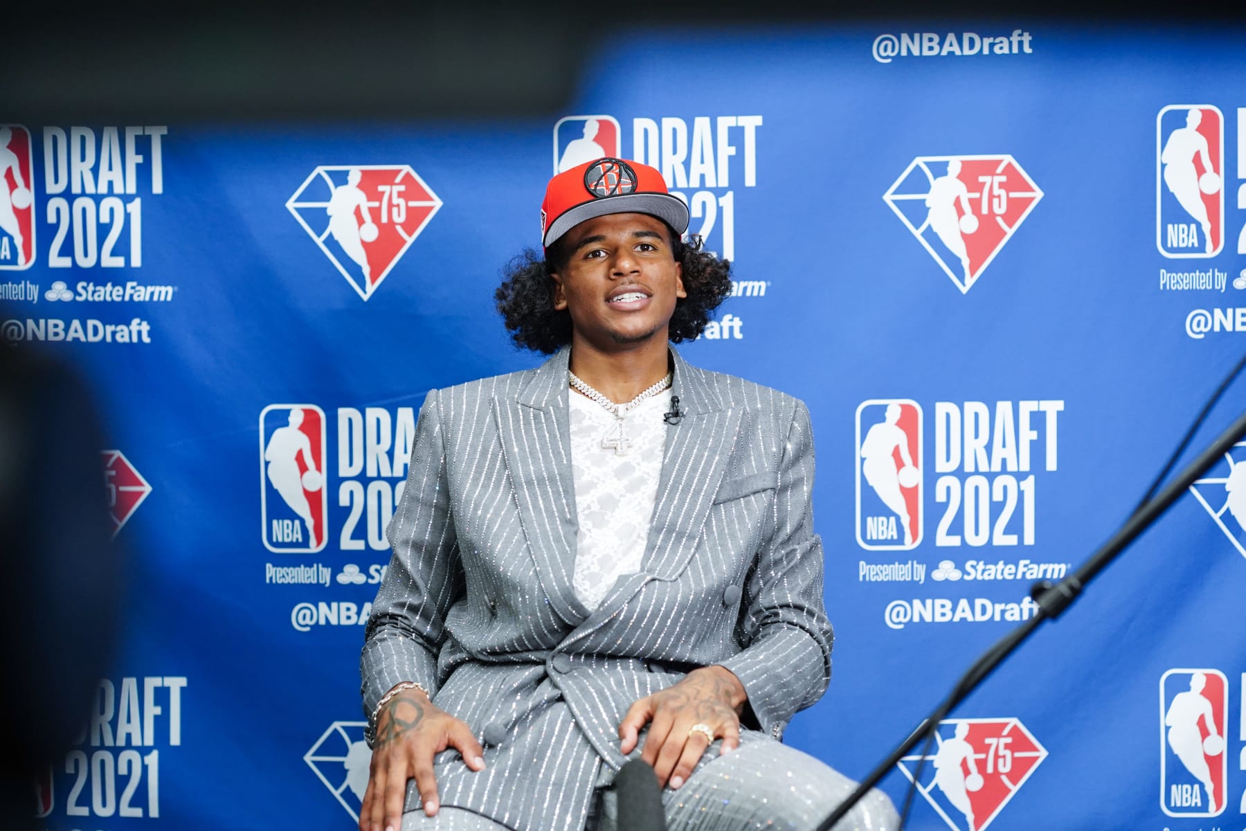 BROOKLYN, NY - JULY 29: Jalen Green talks to the media after being drafted second overall by the Houston Rockets during the 2021 NBA Draft on July 29, 2021 at Barclays Center in Brooklyn, New York. NOTE TO USER: User expressly acknowledges and agrees that, by downloading and or using this Photograph, user is consenting to the terms and conditions of the Getty Images License Agreement. Mandatory Copyright Notice: Copyright 2021 NBAE (Photo by Melanie Fidler/NBAE via Getty Images)