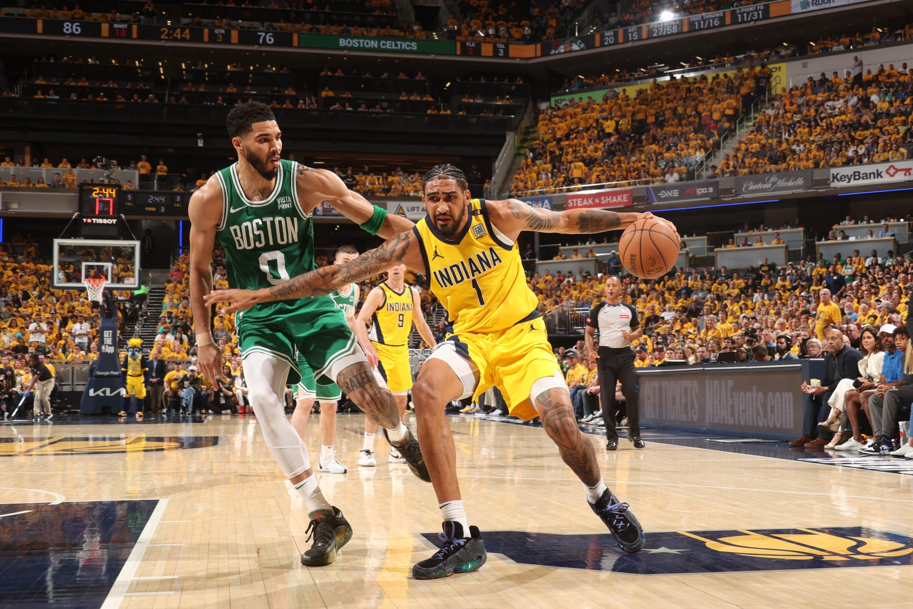 INDIANAPOLIS, IN - MAY 25: Obi Toppin #1 of the Indiana Pacers dribbles the ball during the game against the Boston Celtics during Game 3 of the Eastern Conference Finals of the 2024 NBA Playoffs on May 25, 2024 at Gainbridge Fieldhouse in Indianapolis, Indiana. NOTE TO USER: User expressly acknowledges and agrees that, by downloading and or using this Photograph, user is consenting to the terms and conditions of the Getty Images License Agreement. Mandatory Copyright Notice: Copyright 2024 NBAE (Photo by Nathaniel S. Butler/NBAE via Getty Images)