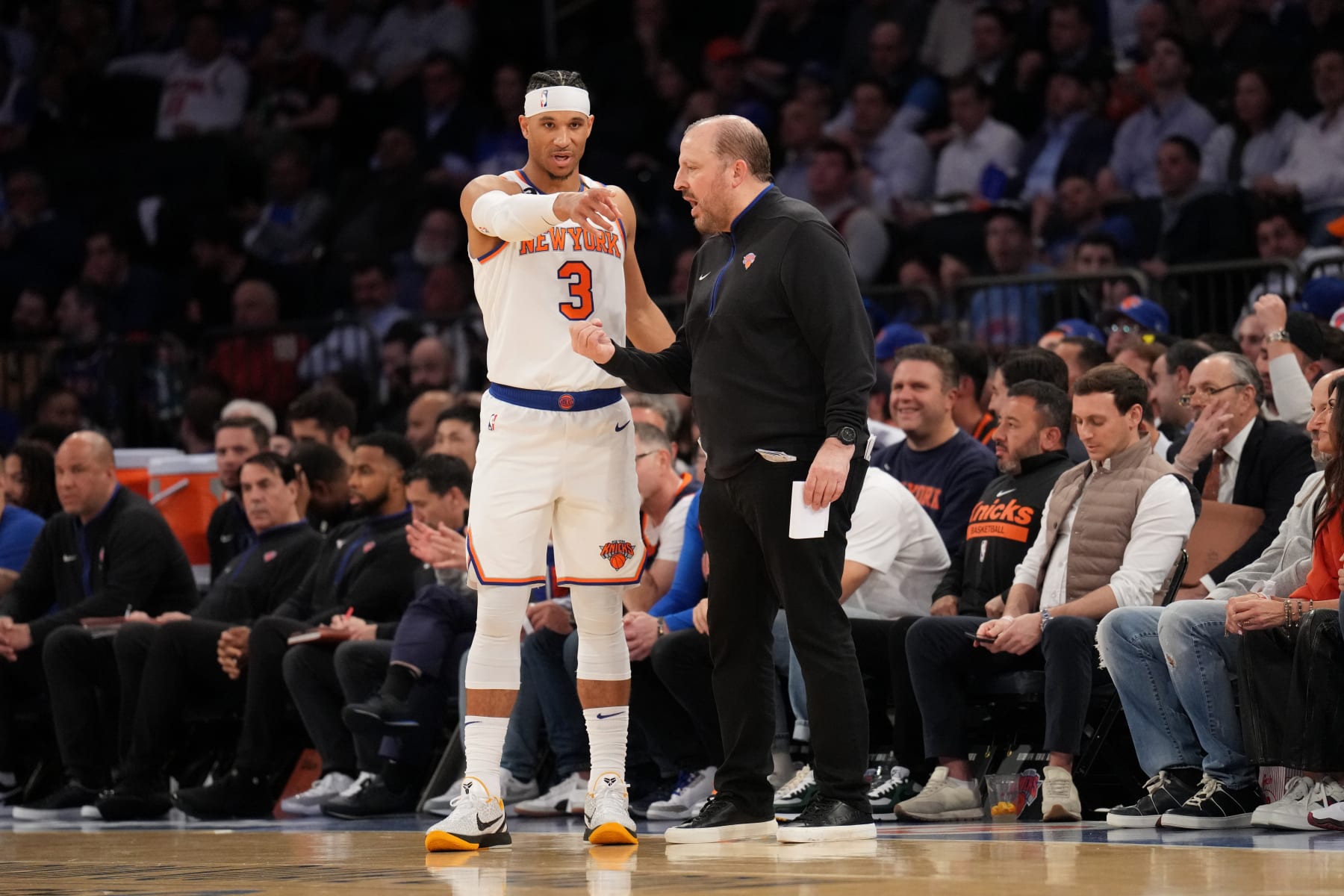 NEW YORK, NY - MAY 2: Josh Hart #3 of the New York Knicks talks with Head Coach Tom Thibodeau of the New York Knicks during the game against the Miami Heat during Game Two of the Eastern Conference Semi-Finals of the 2023 NBA Playoffs on May 2, 2023 at Madison Square Garden in New York City, New York.  NOTE TO USER: User expressly acknowledges and agrees that, by downloading and or using this photograph, User is consenting to the terms and conditions of the Getty Images License Agreement. Mandatory Copyright Notice: Copyright 2023 NBAE  (Photo by Jesse D. Garrabrant/NBAE via Getty Images)