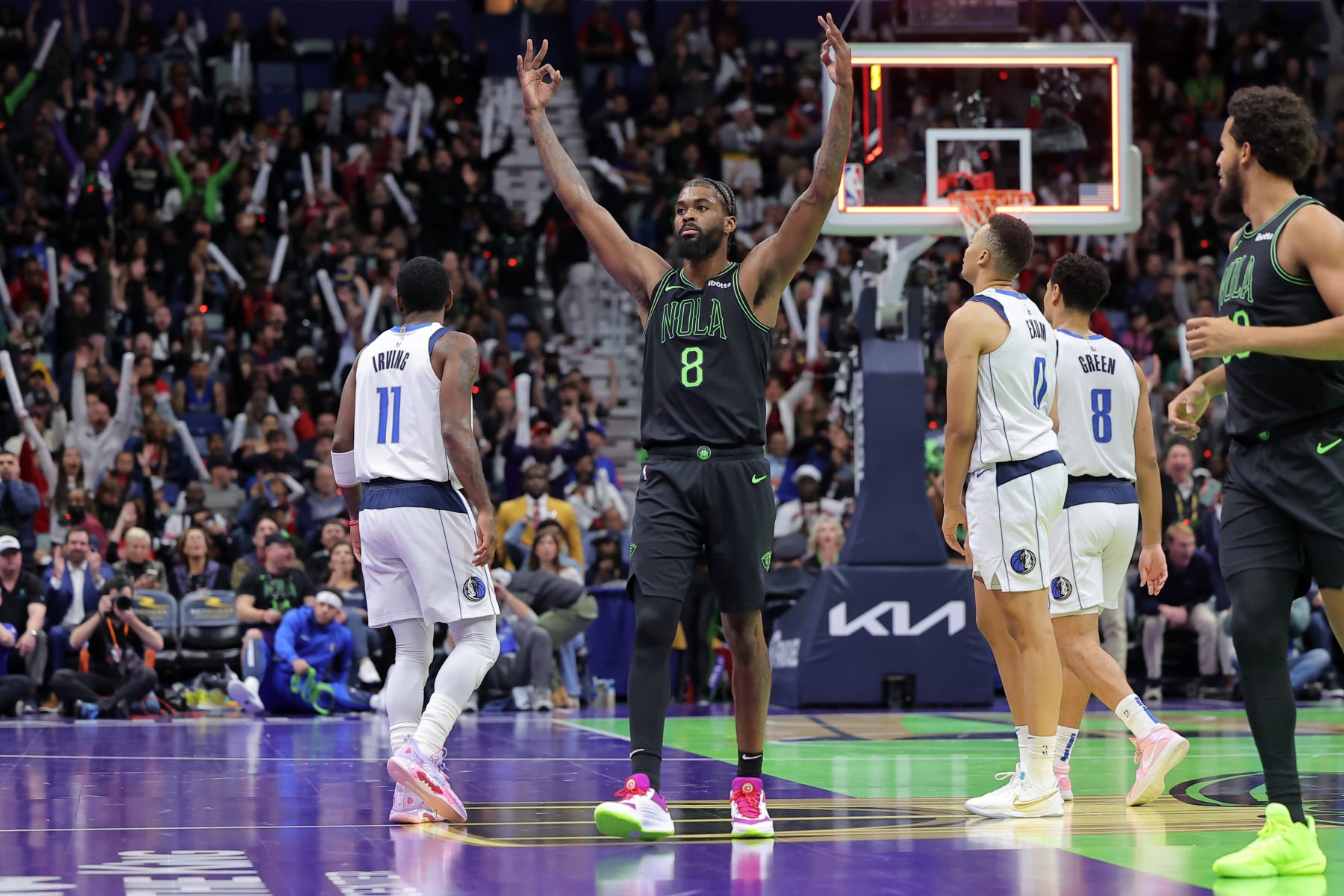 NEW ORLEANS, LOUISIANA - NOVEMBER 14: Naji Marshall #8 of the New Orleans Pelicans celebrates a three-point shot during the first half of the NBA In-Season Tournament against the Dallas Mavericks at the Smoothie King Center on November 14, 2023 in New Orleans, Louisiana. NOTE TO USER: User expressly acknowledges and agrees that, by downloading and or using this Photograph, user is consenting to the terms and conditions of the Getty Images License Agreement. (Photo by Jonathan Bachman/Getty Images)
