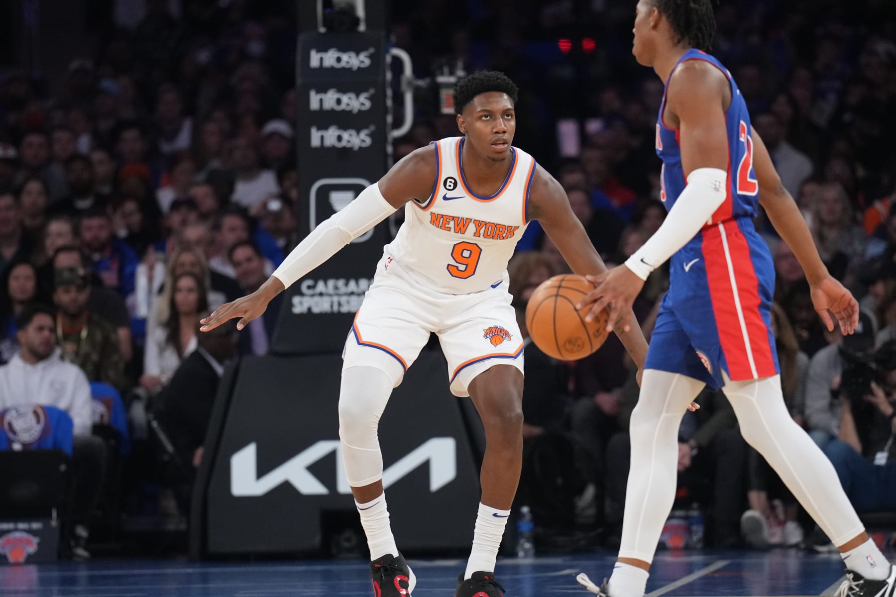 NEW YORK, NY - OCTOBER 21: RJ Barrett #9 of the New York Knicks plays defense during the game against the Detroit Pistons on October 21, 2022 at Madison Square Garden in New York City, New York.  NOTE TO USER: User expressly acknowledges and agrees that, by downloading and or using this photograph, User is consenting to the terms and conditions of the Getty Images License Agreement. Mandatory Copyright Notice: Copyright 2022 NBAE  (Photo by Jesse D. Garrabrant/NBAE via Getty Images)