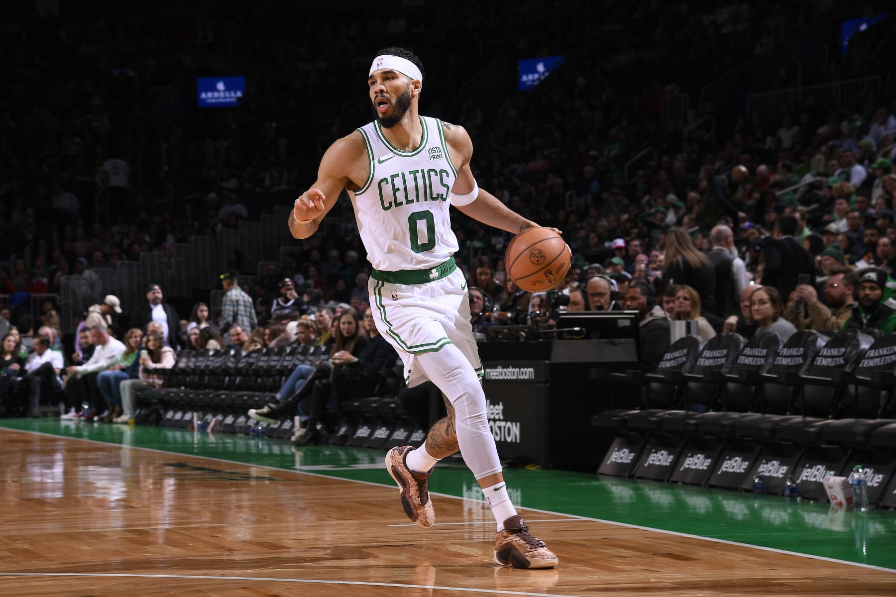 BOSTON, MA - FEBRUARY 14: Jayson Tatum #0 of the Boston Celtics handles the ball during the game against the Brooklyn Nets on February 14, 2024 at the TD Garden in Boston, Massachusetts. NOTE TO USER: User expressly acknowledges and agrees that, by downloading and or using this photograph, User is consenting to the terms and conditions of the Getty Images License Agreement. Mandatory Copyright Notice: Copyright 2024 NBAE  (Photo by Brian Babineau/NBAE via Getty Images)