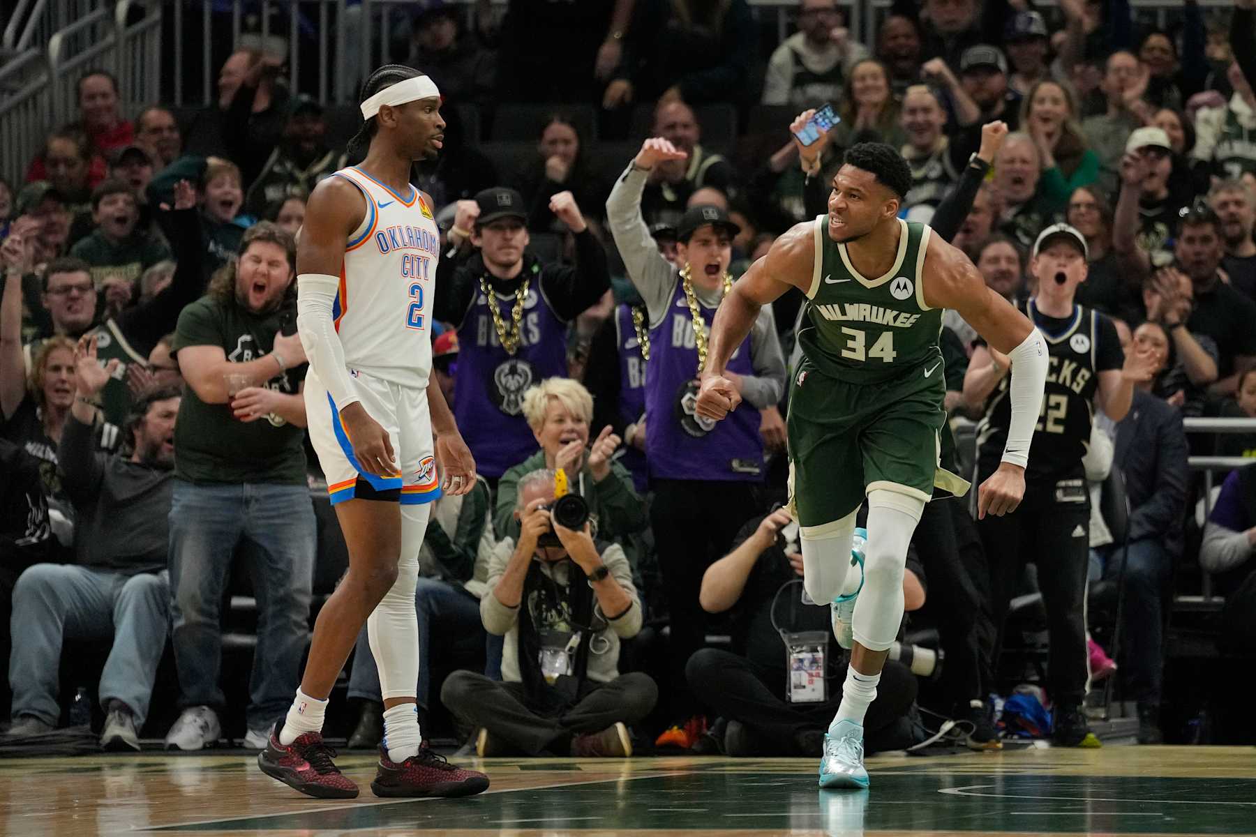 MILWAUKEE, WISCONSIN - MARCH 24: Giannis Antetokounmpo #34 of the Milwaukee Bucks celebrates during the first half against the Oklahoma City Thunder at Fiserv Forum on March 24, 2024 in Milwaukee, Wisconsin. NOTE TO USER: User expressly acknowledges and agrees that, by downloading and or using this photograph, User is consenting to the terms and conditions of the Getty Images License Agreement. (Photo by Patrick McDermott/Getty Images)