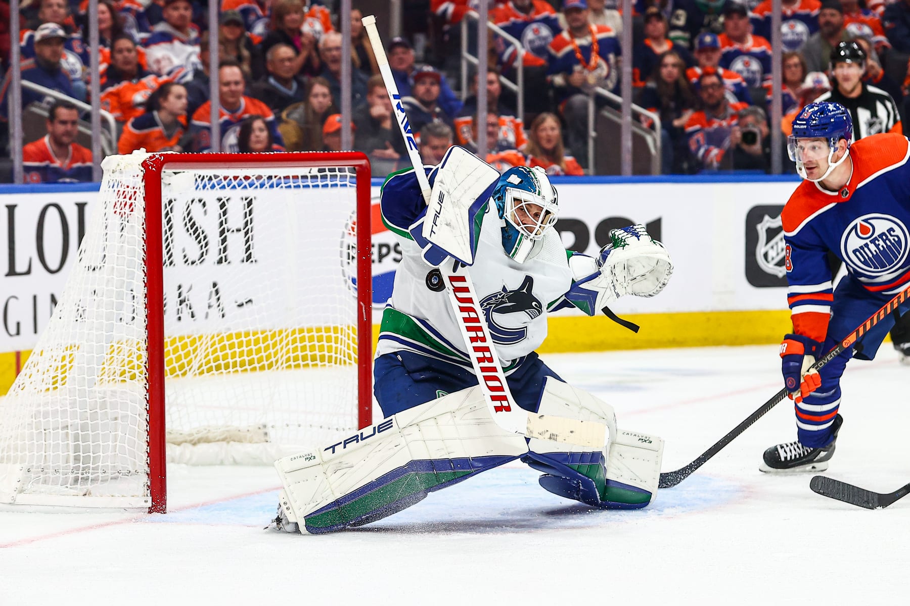 EDMONTON, AB - OCTOBER 14: Vancouver Canucks Goalie Casey DeSmith (29) makes a save on a five on three in the third period of the Edmonton Oilers game versus the Vancouver Canucks on October y 14, 2023 at Rogers Place in Edmonton, AB. (Photo by Curtis Comeau/Icon Sportswire via Getty Images)