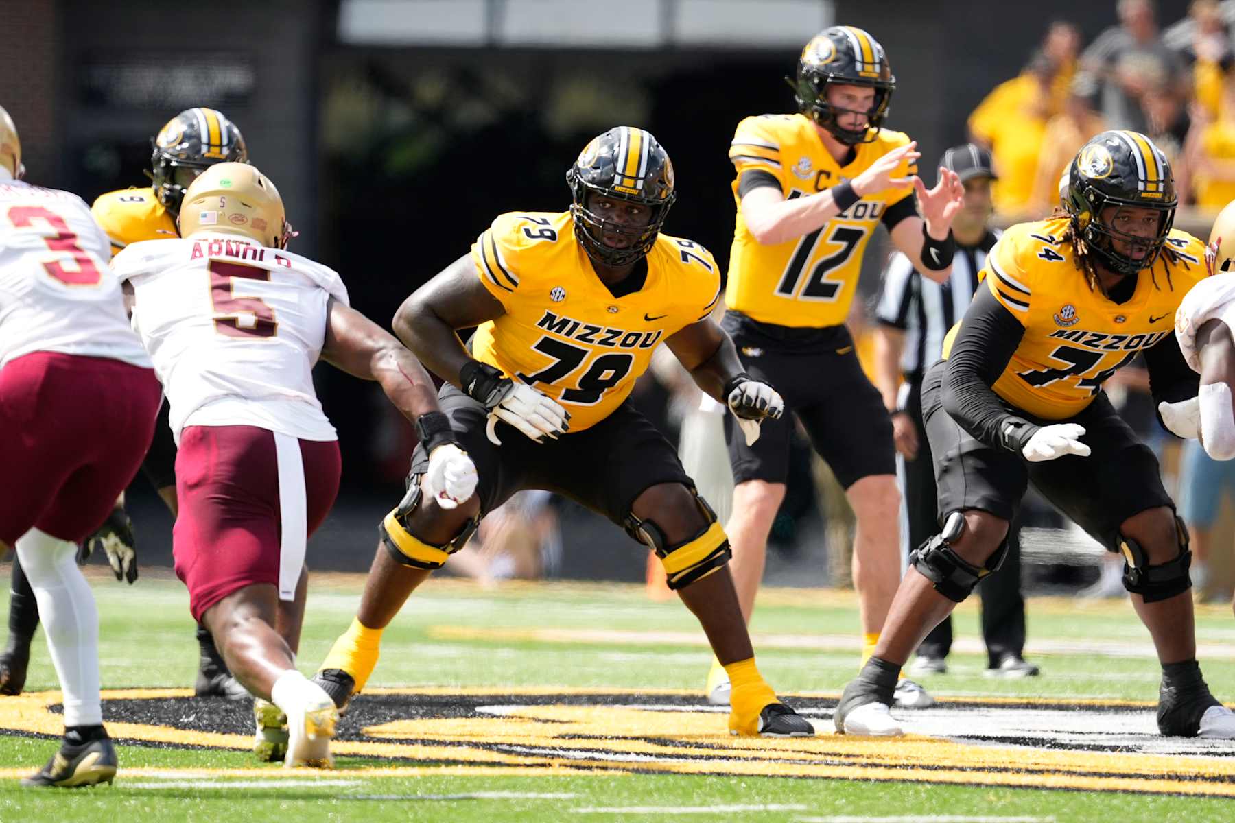 COLUMBIA, MISSOURI - SEPTEMBER 14: Offensive lineman Armand Membou #79 of the Missouri Tigers in the first half at Faurot Field/Memorial Stadium on September 14, 2024 in Columbia, Missouri. (Photo by Ed Zurga/Getty Images)