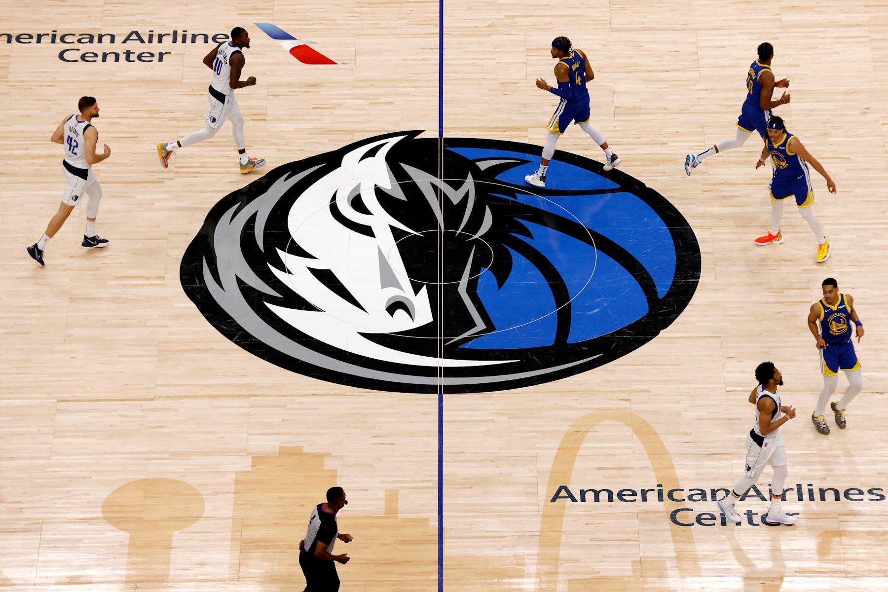 DALLAS, TEXAS - MAY 24: A general view of the Dallas Mavericks logo on the court during the fourth quarter in Game Four of the 2022 NBA Playoffs Western Conference Finals between the Golden State Warriors and the Dallas Mavericks at American Airlines Center on May 24, 2022 in Dallas, Texas. NOTE TO USER: User expressly acknowledges and agrees that, by downloading and or using this photograph, User is consenting to the terms and conditions of the Getty Images License Agreement. (Photo by Ron Jenkins/Getty Images)