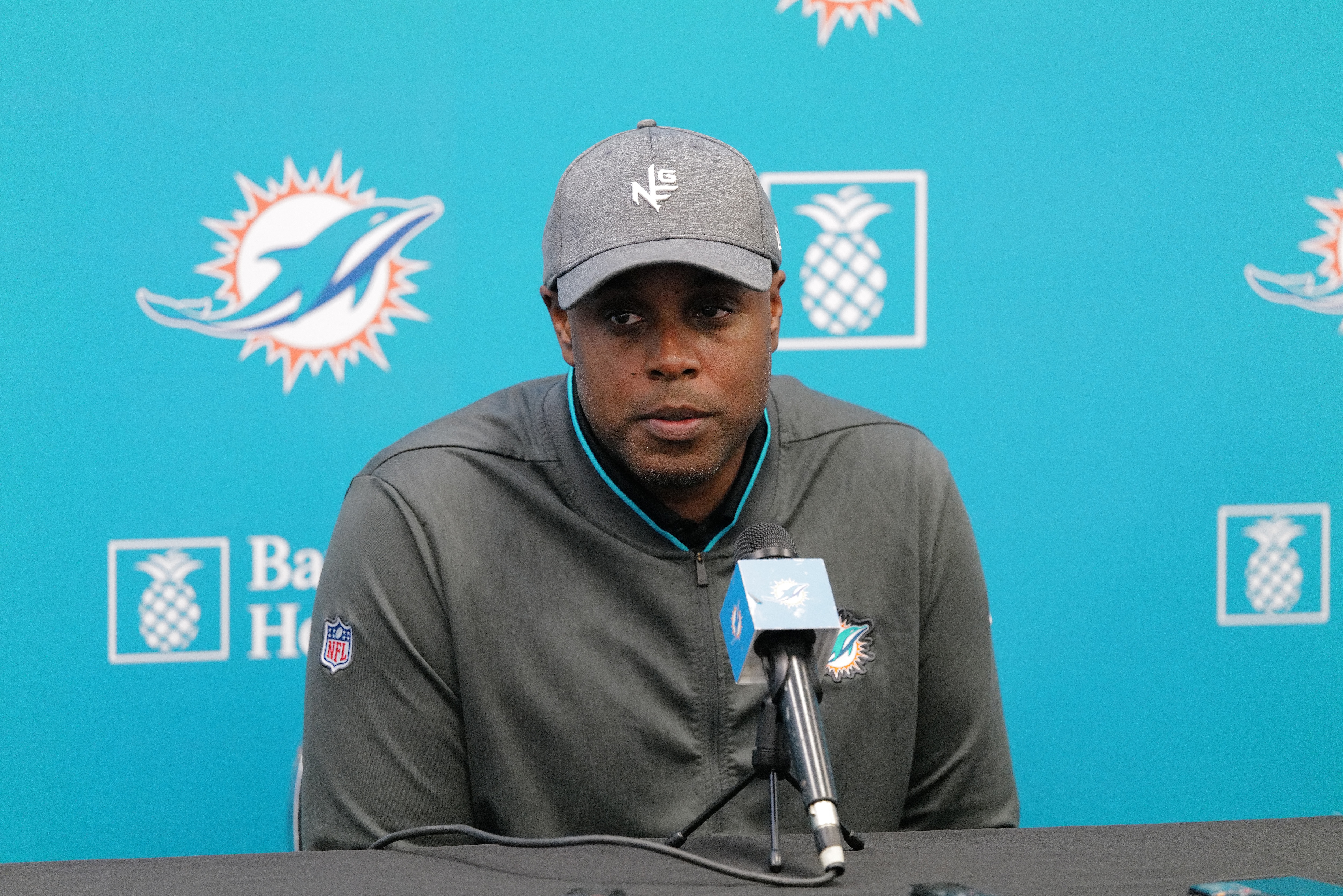 DAVIE, FLORIDA - DECEMBER 30: General Manager Chris Grier of the Miami Dolphins answers questions from the media during a season ending press conference at Baptist Health Training Facility at Nova Southern University  on December 30, 2019 in Davie, Florida. (Photo by Mark Brown/Getty Images)