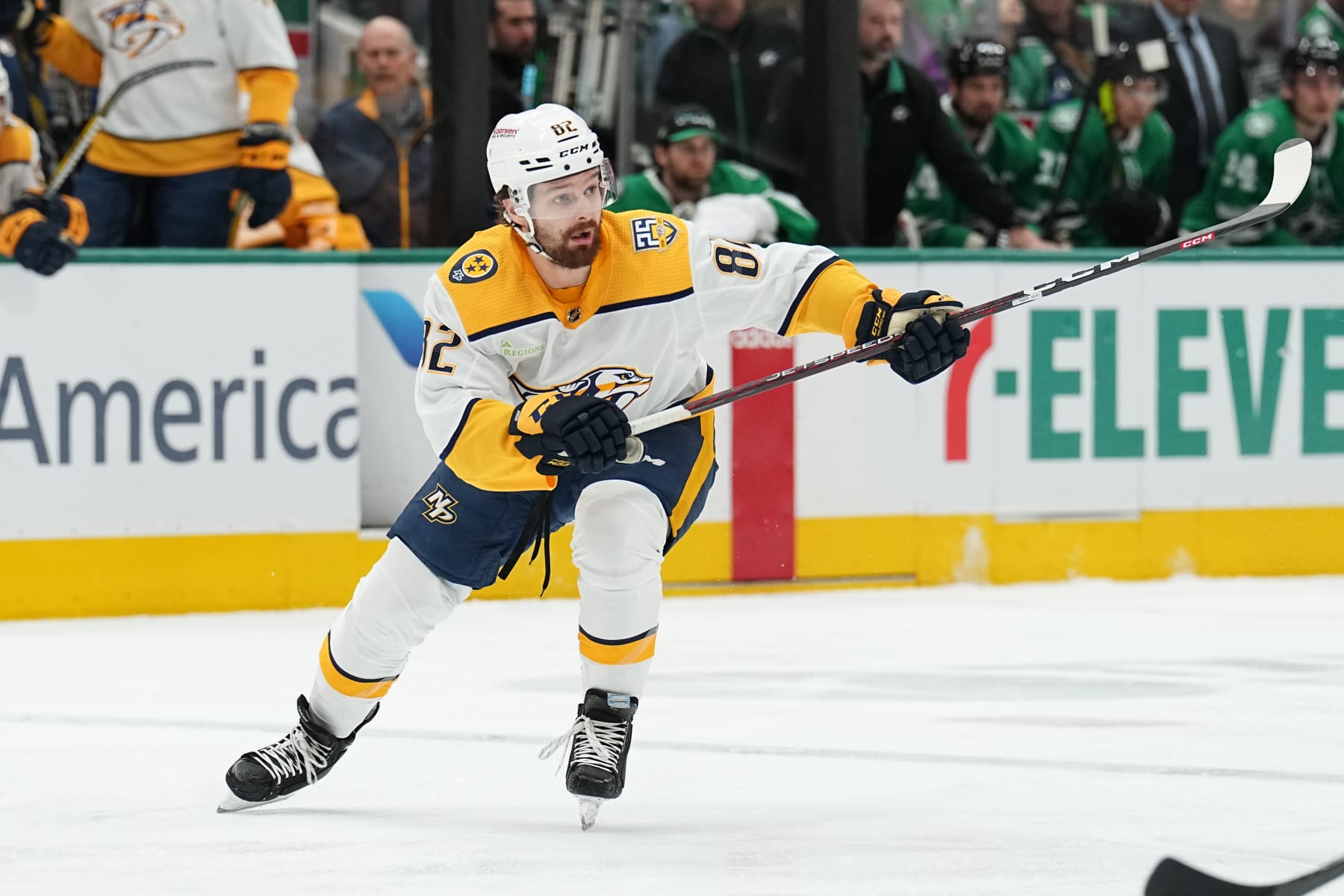 DALLAS, TX - JANUARY 12: Tommy Novak #82 of the Nashville Predators skates against the Dallas Stars at the American Airlines Center on January 12, 2024 in Dallas, Texas. (Photo by Glenn James/NHLI via Getty Images)
