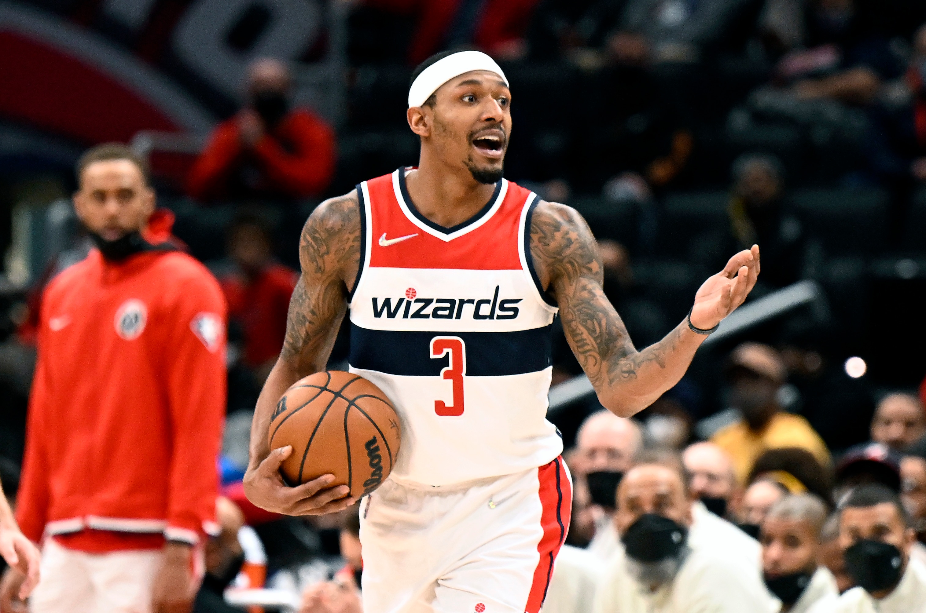 WASHINGTON, DC - JANUARY 25: Bradley Beal #3 of the Washington Wizards reacts to a call in the fourth quarter during the game against the LA Clippers at Capital One Arena on January 25, 2022 in Washington, DC. NOTE TO USER: User expressly acknowledges and agrees that, by downloading and or using this photograph, User is consenting to the terms and conditions of the Getty Images License Agreement.  (Photo by G Fiume/Getty Images)