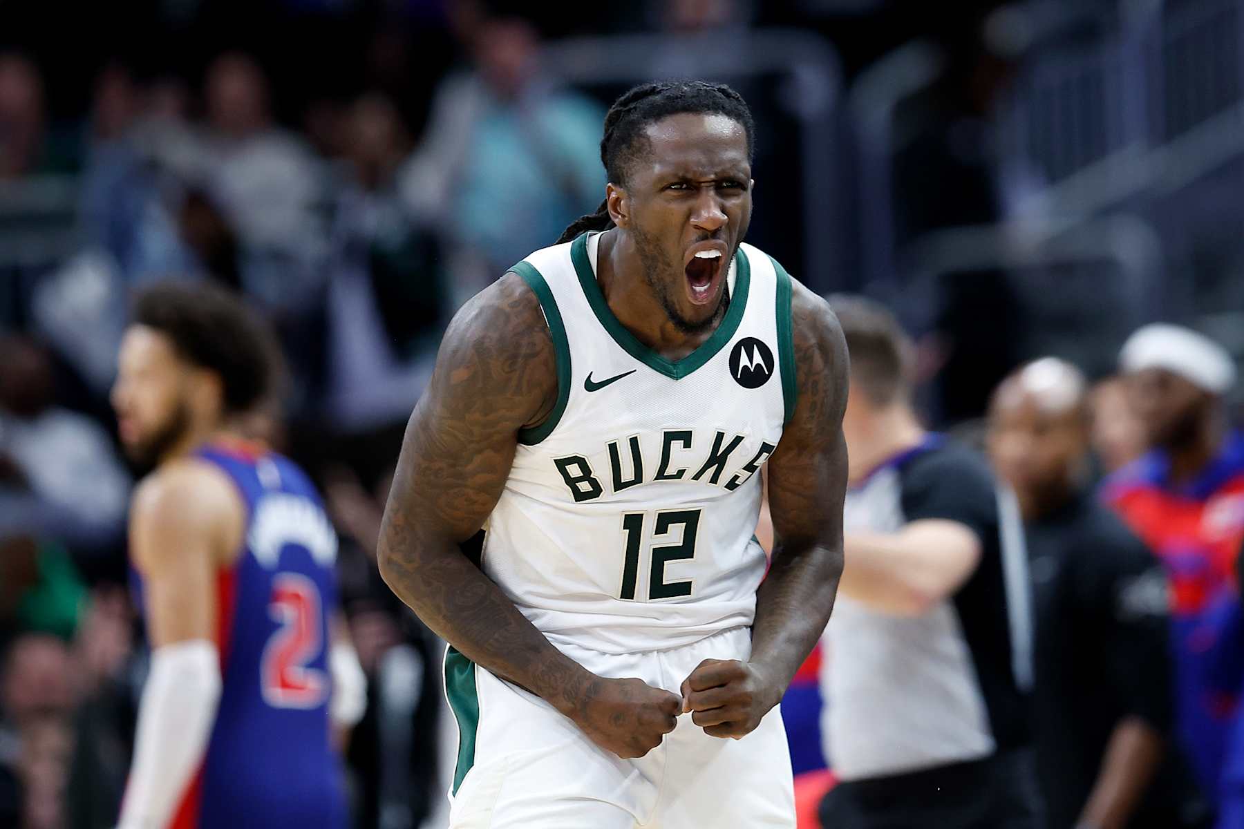 MILWAUKEE, WISCONSIN - NOVEMBER 13: Taurean Prince #12 of the Milwaukee Bucks reacts after hitting a three-point basket during the second half against the Detroit Pistons at Fiserv Forum on November 13, 2024 in Milwaukee, Wisconsin. NOTE TO USER: User expressly acknowledges and agrees that, by downloading and or using this photograph, User is consenting to the terms and conditions of the Getty Images License Agreement. (Photo by John Fisher/Getty Images)