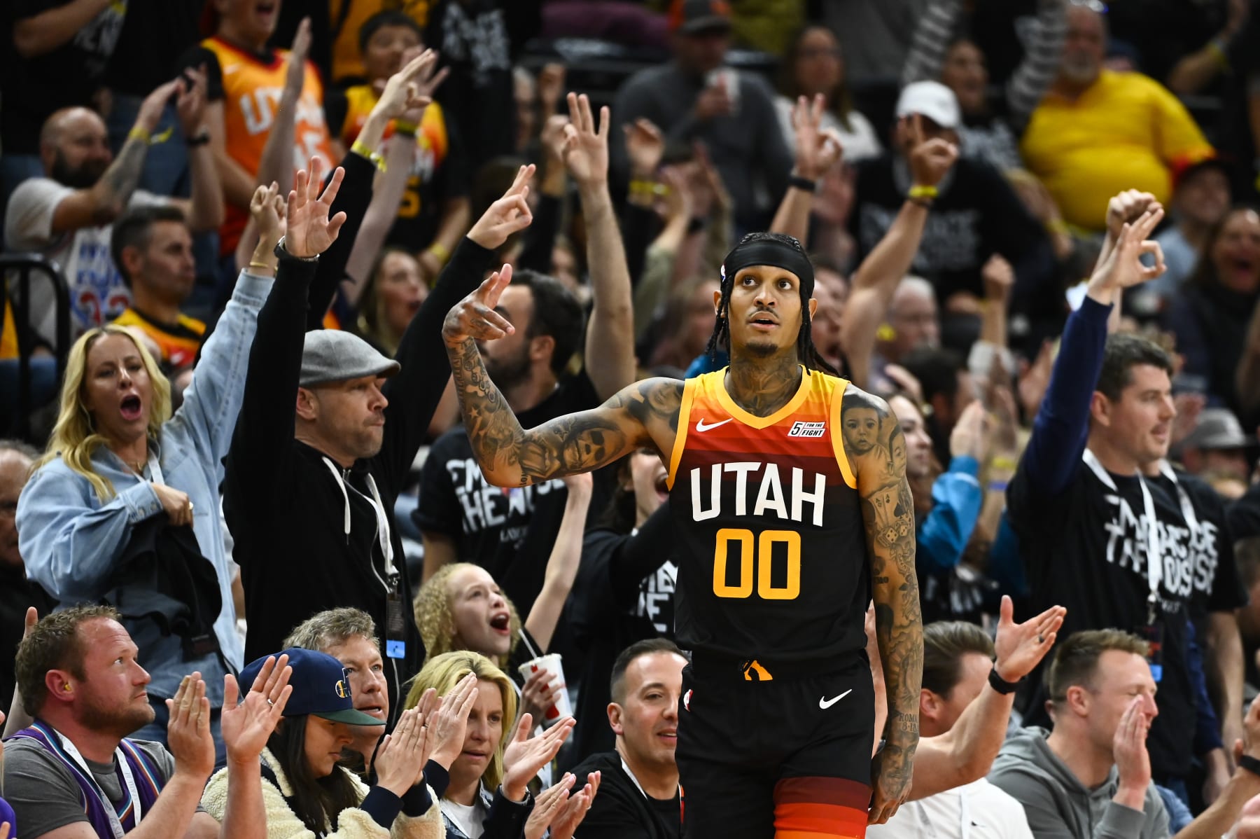 SALT LAKE CITY, UTAH - APRIL 28: Jordan Clarkson #00 of the Utah Jazz celebrates a three point play during the first half of Game 6 of the Western Conference First Round Playoffs against the Dallas Mavericks at Vivint Smart Home Arena on April 28, 2022 in Salt Lake City, Utah. NOTE TO USER: User expressly acknowledges and agrees that, by downloading and/or using this Photograph, user is consenting to the terms and conditions of the Getty Images License Agreement. (Photo by Alex Goodlett/Getty Images)