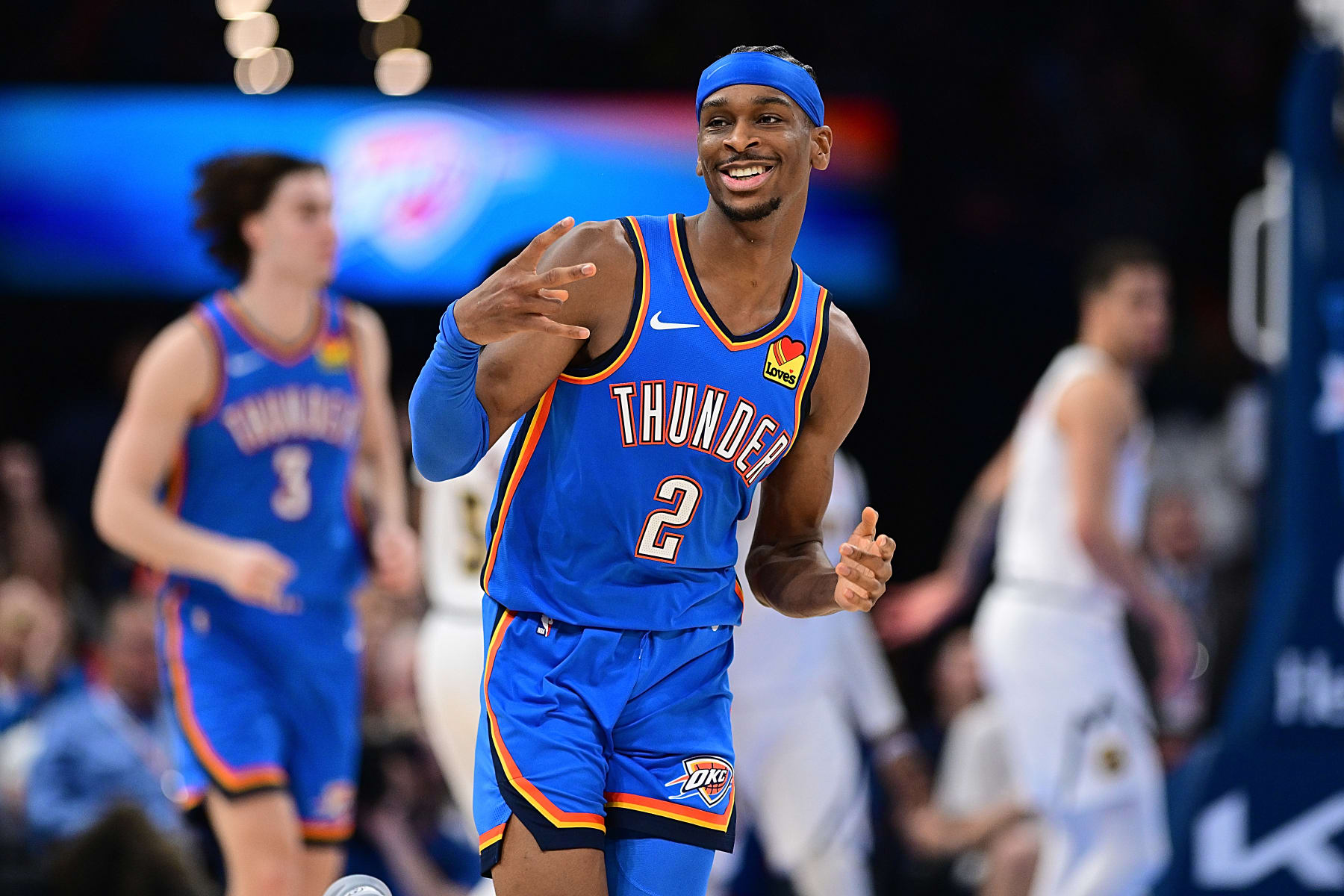 OKLAHOMA CITY, OKLAHOMA - JANUARY 31: Shai Gilgeous-Alexander #2 of the Oklahoma City Thunder gestures to the crowd after a basket during the second half against the Denver Nuggets at Paycom Center on January 31, 2024 in Oklahoma City, Oklahoma. NOTE TO USER: User expressly acknowledges and agrees that, by downloading and or using this Photograph, user is consenting to the terms and conditions of the Getty Images License Agreement. (Photo by Joshua Gateley/Getty Images)