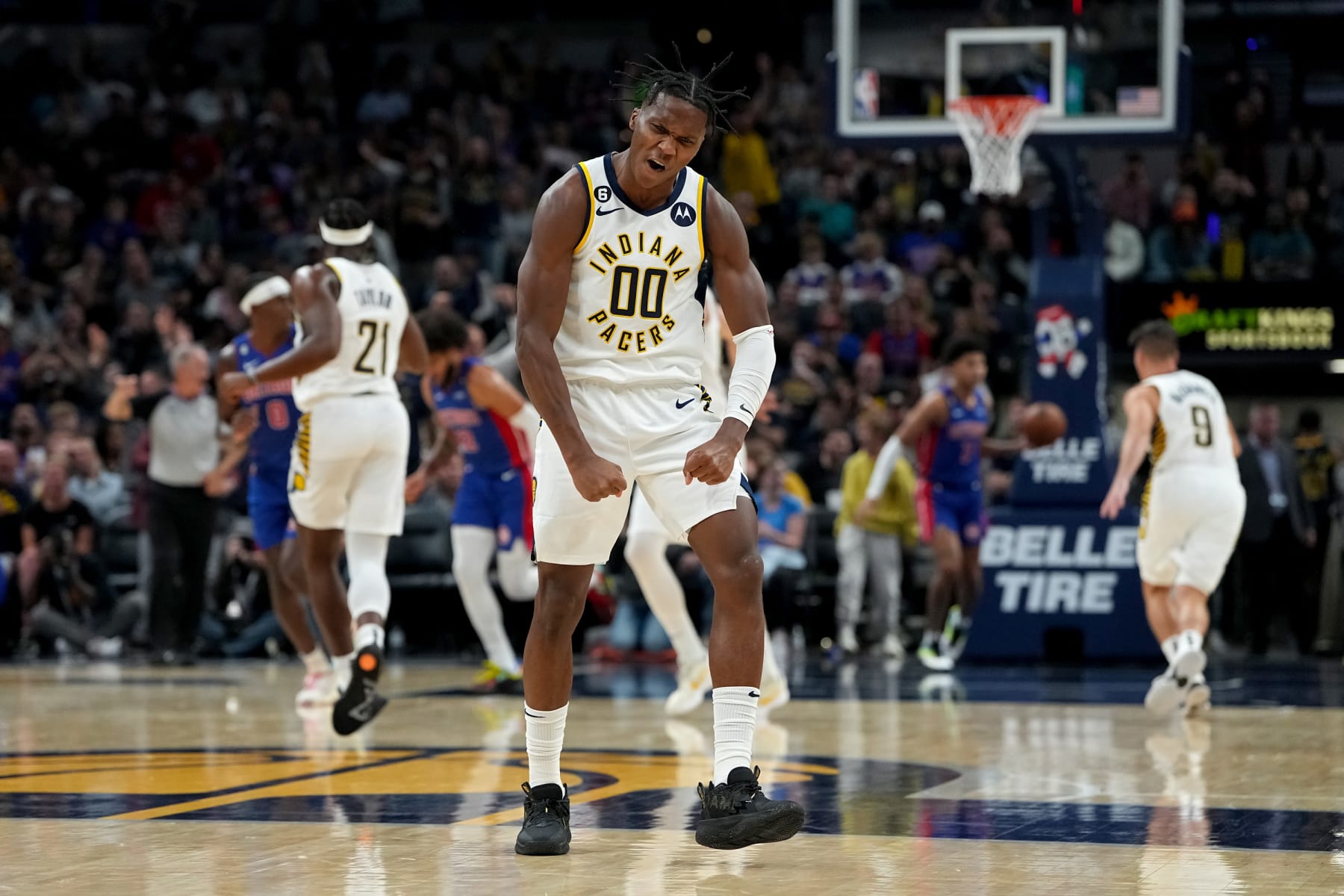 INDIANAPOLIS, INDIANA - OCTOBER 22: Bennedict Mathurin #00 of the Indiana Pacers reacts after making a shot in the third quarter against the Detroit Pistons at Gainbridge Fieldhouse on October 22, 2022 in Indianapolis, Indiana. NOTE TO USER: User expressly acknowledges and agrees that, by downloading and or using this photograph, User is consenting to the terms and conditions of the Getty Images License Agreement. (Photo by Dylan Buell/Getty Images)