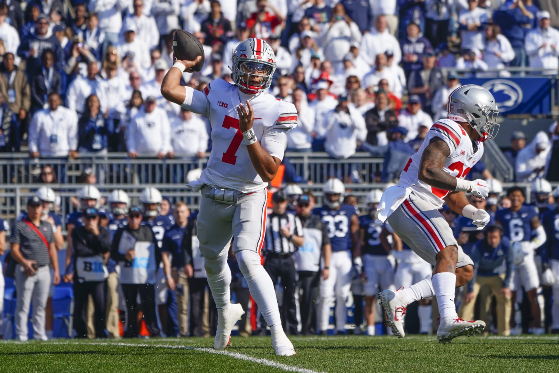 UNIVERSITY PARK, PA - OCTOBER 29: Ohio State Buckeyes Quarterback C.J. Stroud (7) throws the ball during the first half of the college football game between the Ohio State Buckeyes and the Penn State Nittany Lions on October 29, 2022, at Beaver Stadium in University Park, PA. (Photo by Gregory Fisher/Icon Sportswire via Getty Images)
