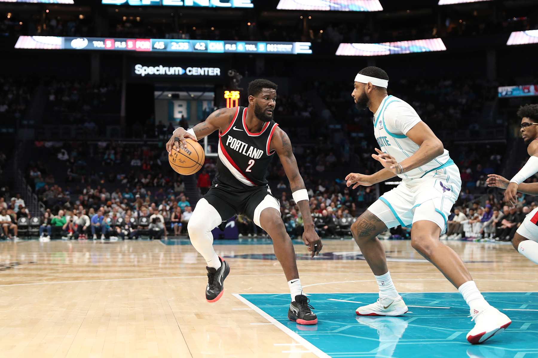 CHARLOTTE, NC - APRIL 3:  Deandre Ayton #2 of the Portland Trail Blazers handles the ball during the game against the Charlotte Hornets on April 3, 2024 at Spectrum Center in Charlotte, North Carolina. NOTE TO USER: User expressly acknowledges and agrees that, by downloading and or using this photograph, User is consenting to the terms and conditions of the Getty Images License Agreement.  Mandatory Copyright Notice:  Copyright 2024 NBAE (Photo by Brock Williams-Smith/NBAE via Getty Images)