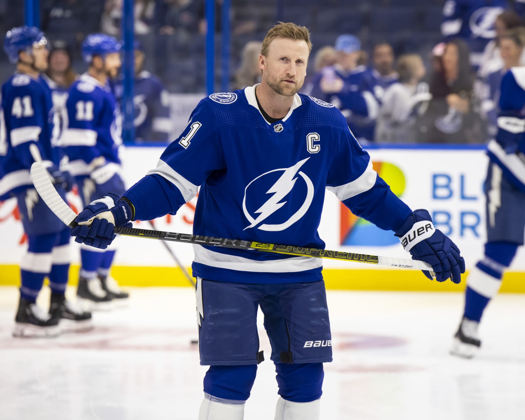 TAMPA, FL - APRIL 15: Steven Stamkos #91 of the Tampa Bay Lightning gets ready for the game against the Buffalo Sabres at Amalie Arena on April 15, 2024 in Tampa, Florida. (Photo by Mark LoMoglio/NHLI via Getty Images)