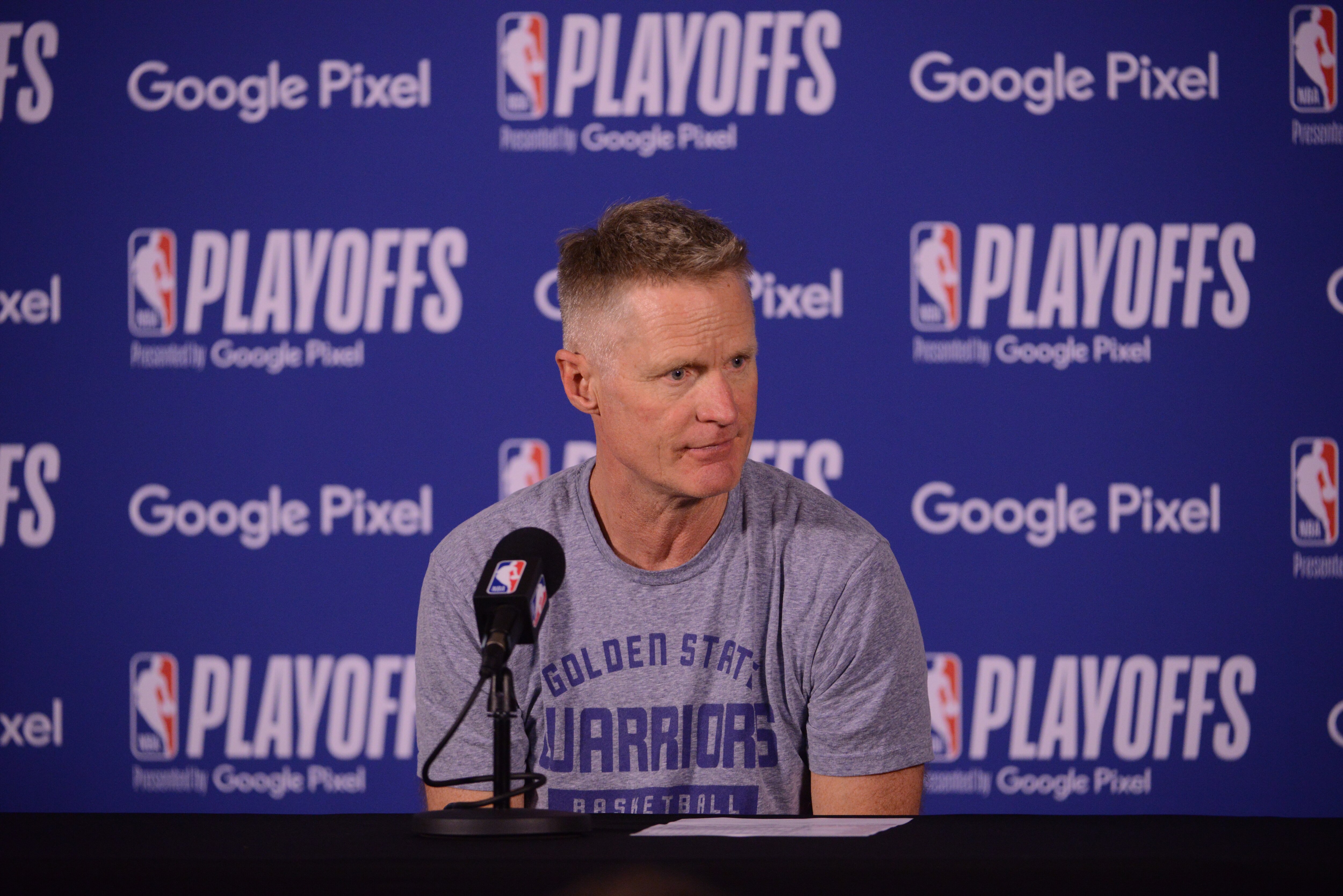 MEMPHIS, TN - MAY 1:  Head Coach Steve Kerr of the Golden State Warriors speaks with the Media after the game against the Memphis Grizzlies during Game 1 of the 2022 NBA Playoffs Western Conference Semifinals on May 1, 2022 at FedExForum in Memphis, Tennessee. NOTE TO USER: User expressly acknowledges and agrees that, by downloading and or using this photograph, User is consenting to the terms and conditions of the Getty Images License Agreement. Mandatory Copyright Notice: Copyright 2022 NBAE (Photo by Noah Graham/NBAE via Getty Images)