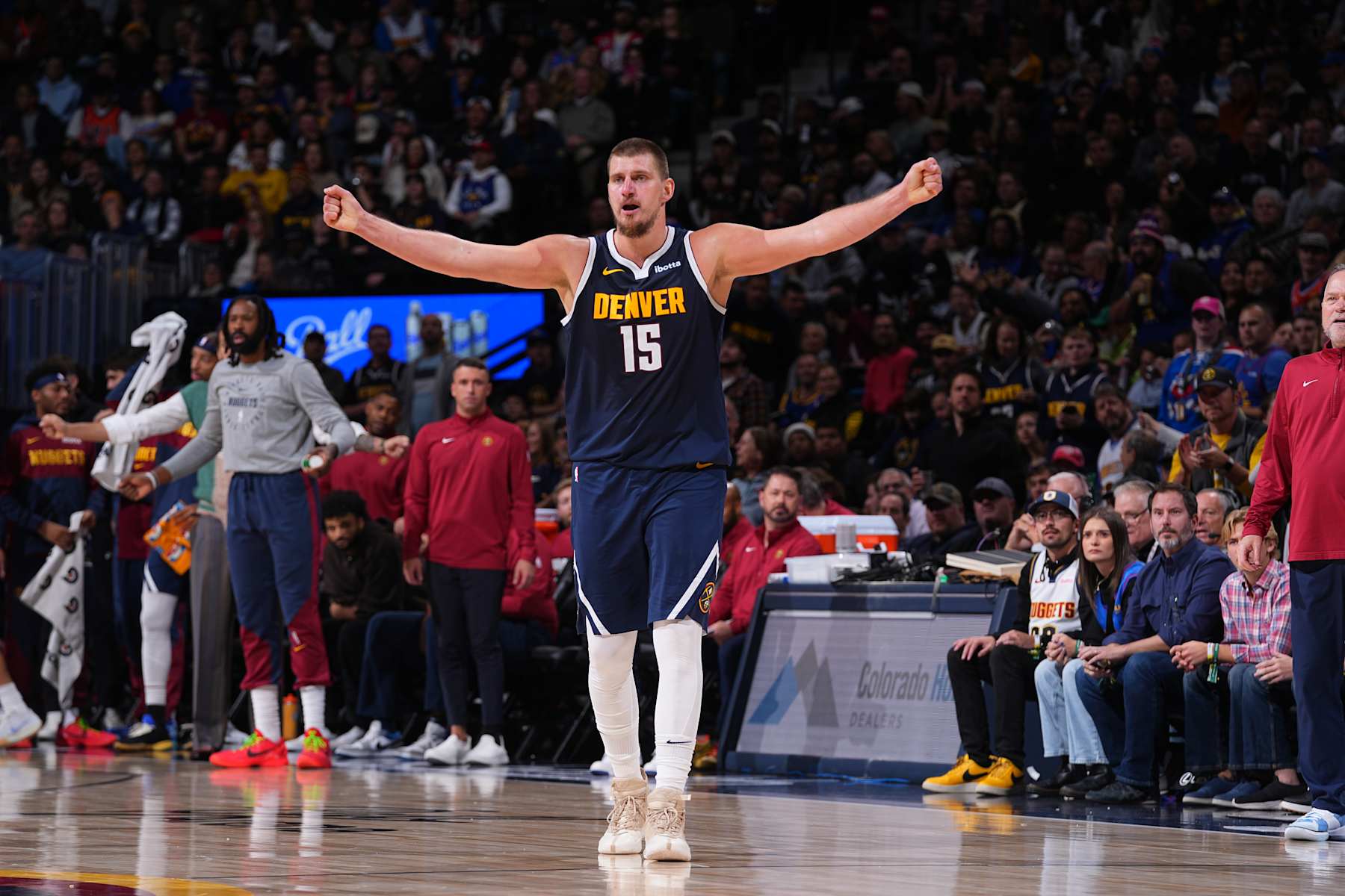 DENVER, CO - NOVEMBER 6: Nikola Jokic #15 of the Denver Nuggets celebrates during the game against the Oklahoma City Thunder  during a regular season game on November 6, 2024 at Ball Arena in Denver, Colorado. NOTE TO USER: User expressly acknowledges and agrees that, by downloading and/or using this Photograph, user is consenting to the terms and conditions of the Getty Images License Agreement. Mandatory Copyright Notice: Copyright 2024 NBAE (Photo by Bart Young/NBAE via Getty Images)