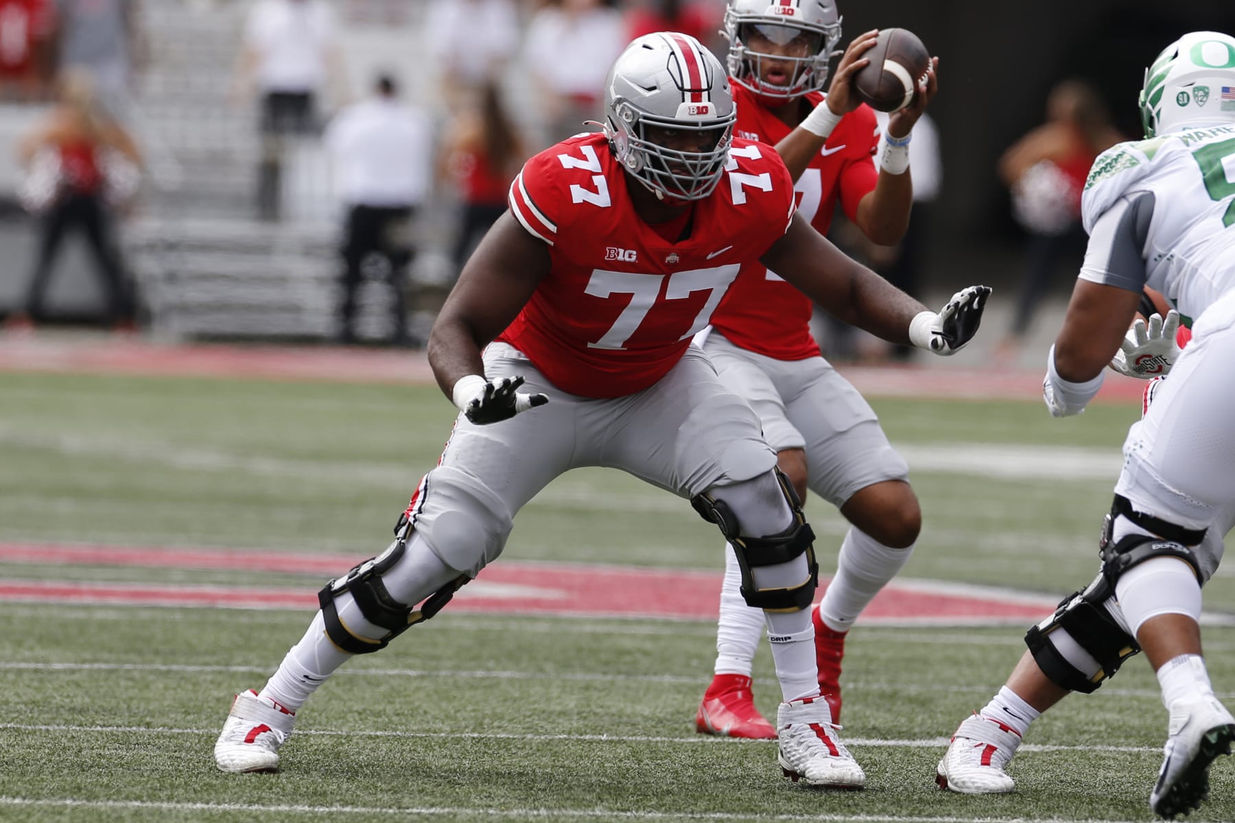 Ohio State offensive lineman Paris Johnson plays against Oregon during an NCAA college football game Saturday, Sept. 11, 2021, in Columbus, Ohio. (AP Photo/Jay LaPrete)