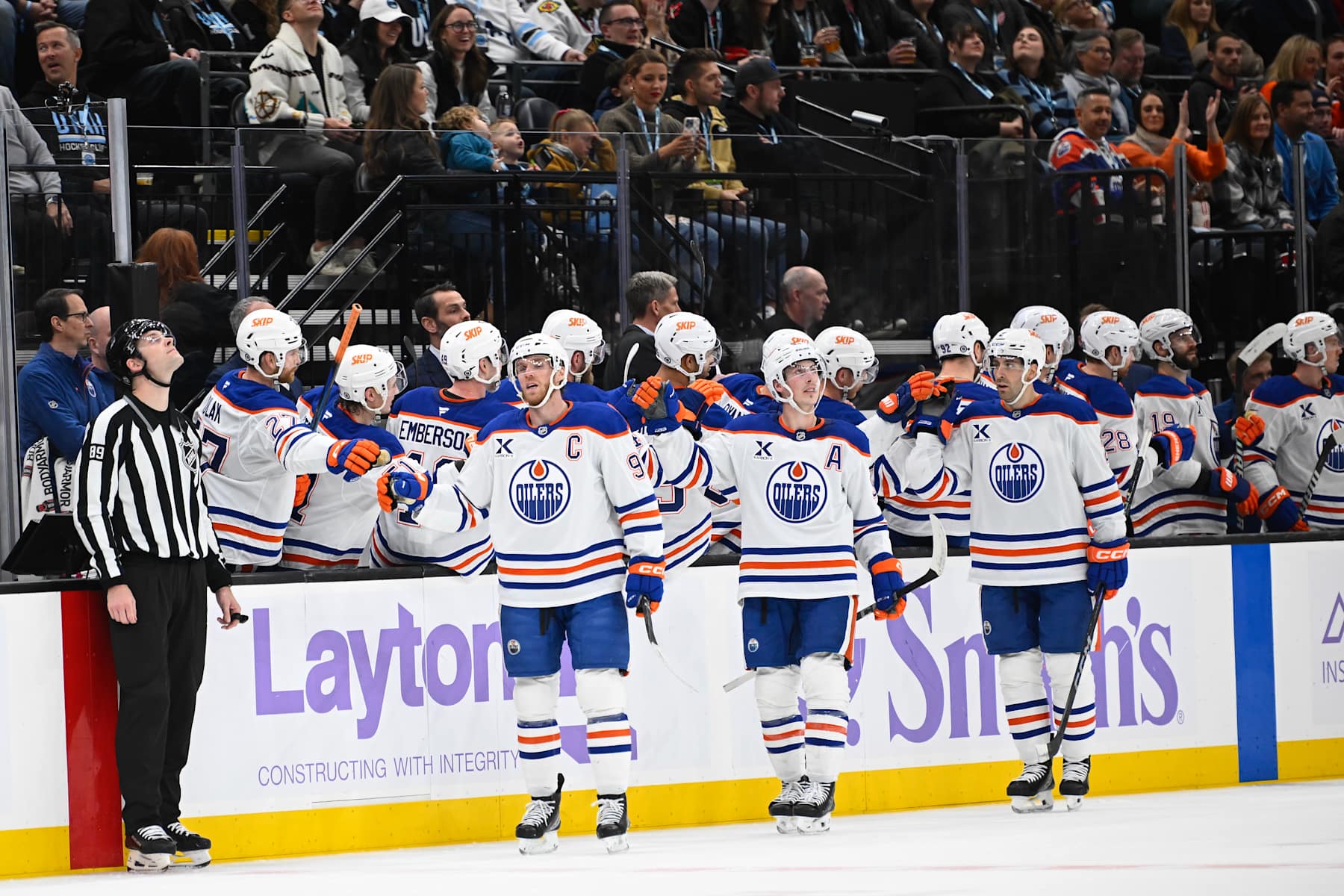 SALT LAKE CITY, UTAH - NOVEMBER 29: Connor McDavid #97, Ryan Nugent-Hopkins #93 and Evan Bouchard #2 of the Edmonton Oilers celebrate a goal during the second period of a game against the Utah Hockey Club at Delta Center on November 29, 2024 in Salt Lake City, Utah. (Photo by Alex Goodlett/Getty Images)