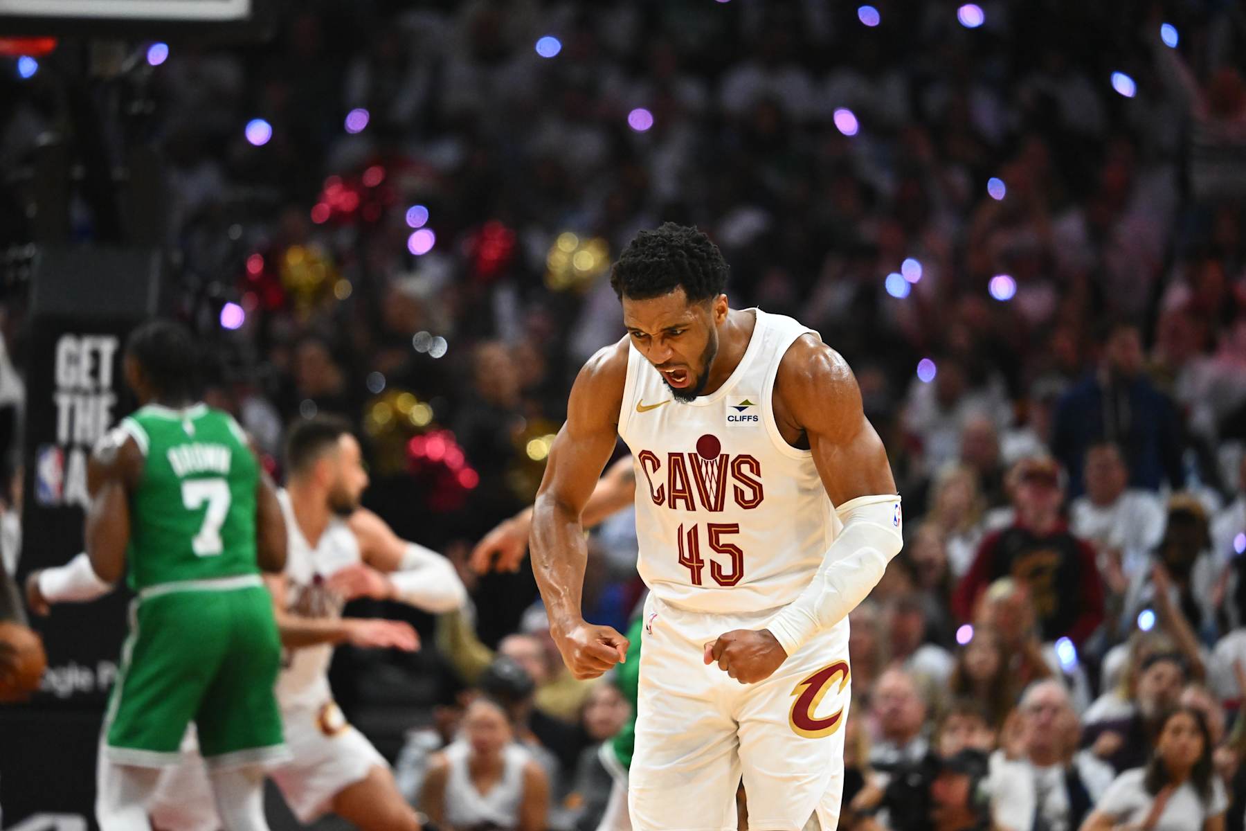 CLEVELAND, OHIO - MAY 11: Donovan Mitchell #45 of the Cleveland Cavaliers celebrates after scoring a basket against the Boston Celtics during the second quarter in Game Three of the Eastern Conference Second Round Playoffs at Rocket Mortgage Fieldhouse on May 11, 2024 in Cleveland, Ohio. NOTE TO USER: User expressly acknowledges and agrees that, by downloading and or using this photograph, User is consenting to the terms and conditions of the Getty Images License Agreement. (Photo by Jason Miller/Getty Images)