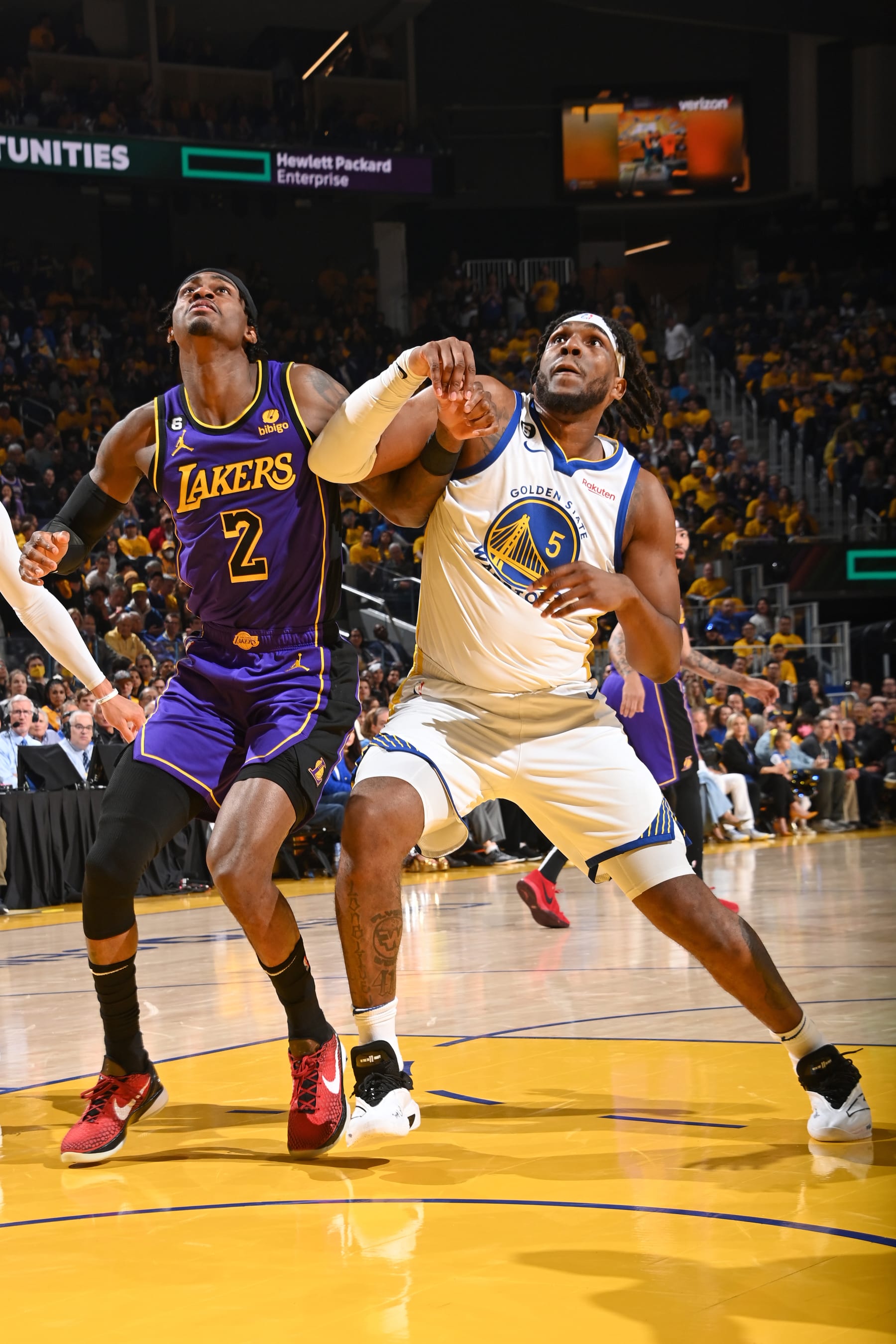 SAN FRANCISCO, CA - MAY 4: Jarred Vanderbilt #2 of the Los Angeles Lakers and Kevon Looney #5 of the Golden State Warriors goes for the rebound during the game during the Western Conference Semi Finals of the 2023 NBA Playoffs on May 4, 2023 at Chase Center in San Francisco, California. NOTE TO USER: User expressly acknowledges and agrees that, by downloading and/or using this Photograph, user is consenting to the terms and conditions of the Getty Images License Agreement. Mandatory Copyright Notice: Copyright 2023 NBAE (Photo by Andrew D. Bernstein/NBAE via Getty Images)