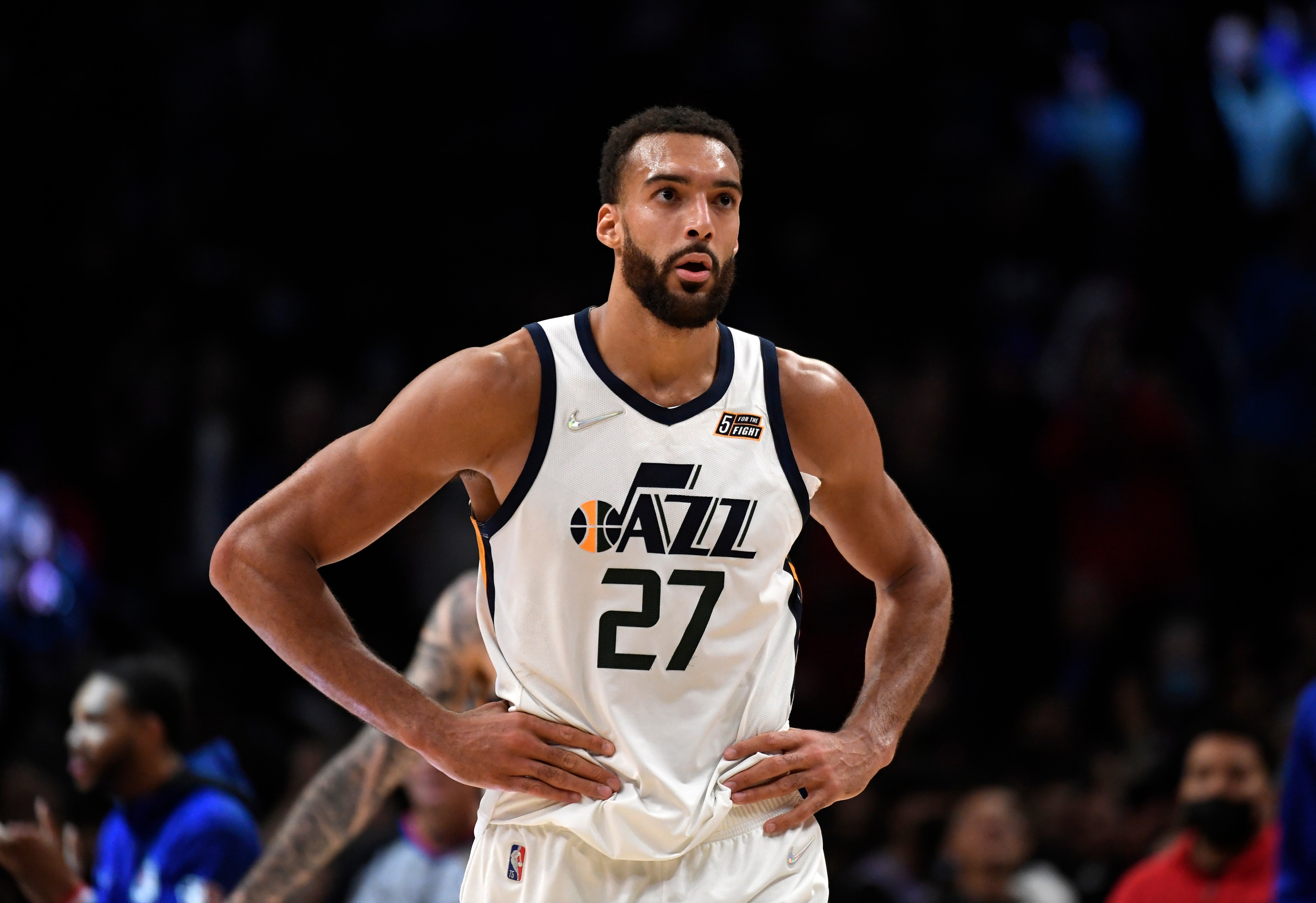 LOS ANGELES, CA - MARCH 29: Rudy Gobert #27 of the Utah Jazz reacts after getting called for a fifth foul against the Los Angeles Clippers during the second half at Crypto.com Arena on March 29, 2022 in Los Angeles, California. NOTE TO USER: User expressly acknowledges and agrees that, by downloading and/or using this Photograph, user is consenting to the terms and conditions of the Getty Images License Agreement. (Photo by Kevork Djansezian/Getty Images)