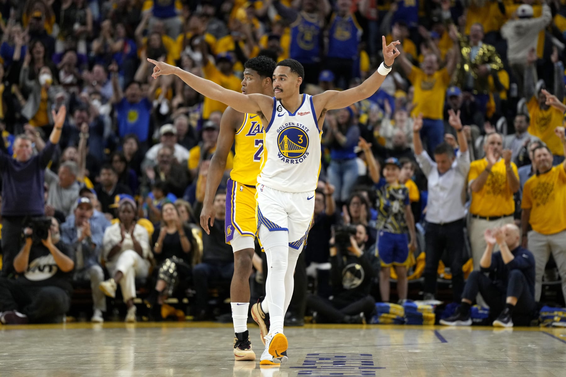 SAN FRANCISCO, CALIFORNIA - MAY 10: Jordan Poole #3 of the Golden State Warriors reacts after a three point basket during the second quarter against the Los Angeles Lakers in game five of the Western Conference Semifinal Playoffs at Chase Center on May 10, 2023 in San Francisco, California. NOTE TO USER: User expressly acknowledges and agrees that, by downloading and or using this photograph, User is consenting to the terms and conditions of the Getty Images License Agreement. (Photo by Thearon W. Henderson/Getty Images)