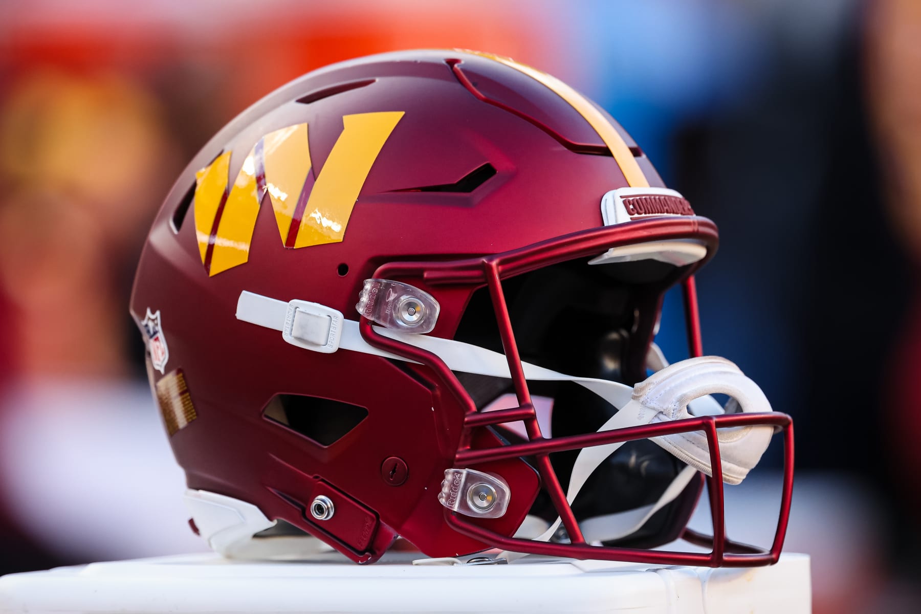 LANDOVER, MD - DECEMBER 31: A view of a Washington Commanders helmet on the sideline during the second half of the game between the Washington Commanders and the San Francisco 49ers at FedExField on December 31, 2023 in Landover, Maryland. (Photo by Scott Taetsch/Getty Images)