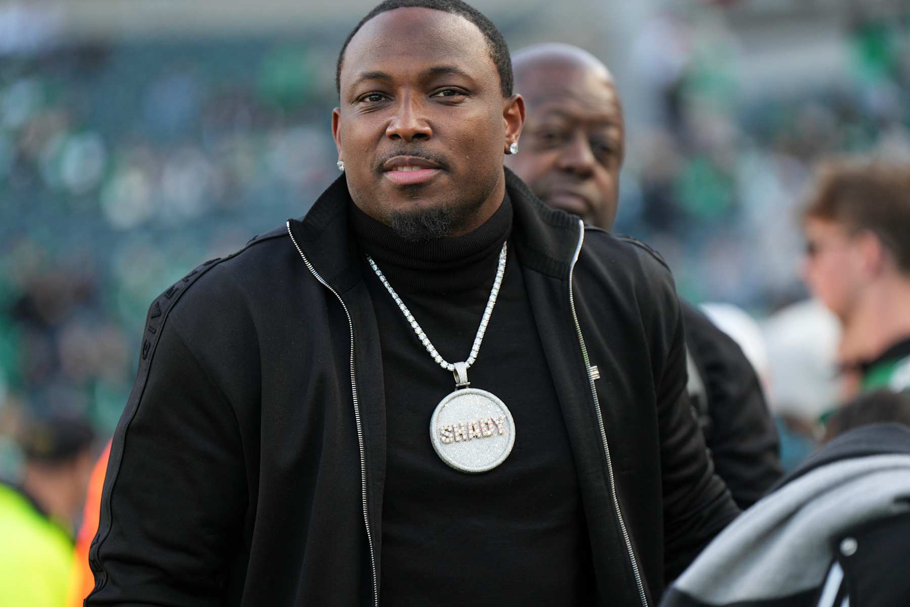 PHILADELPHIA, PA - NOVEMBER 03: Philadelphia Eagles Hall of Fame running back LeSean McCoy looks on during the game between the Philadelphia Eagles and the Jacksonville Jaguars on November 3, 2024 at Lincoln Financial Field in Philadelphia, PA. (Photo by Andy Lewis/Icon Sportswire via Getty Images)