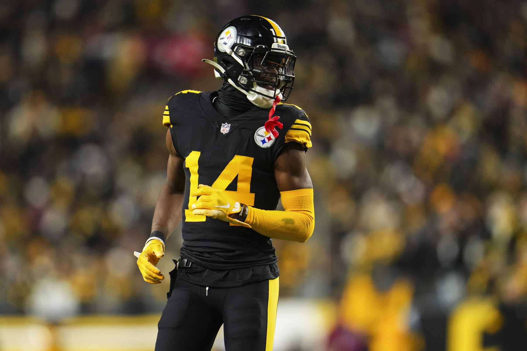 PITTSBURGH, PA - DECEMBER 07: George Pickens #14 of the Pittsburgh Steelers looks on from the field during an NFL football game against the New England Patriots at Acrisure Stadium on December 7, 2023 in Pittsburgh, Pennsylvania. (Photo by Cooper Neill/Getty Images)